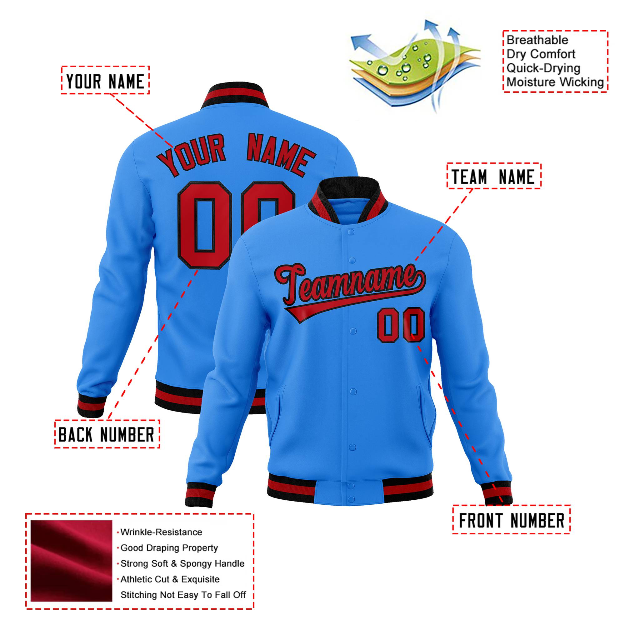 Custom Powder Blue-Red-Black Bomber Full-Snap Varsity Letterman Jacket