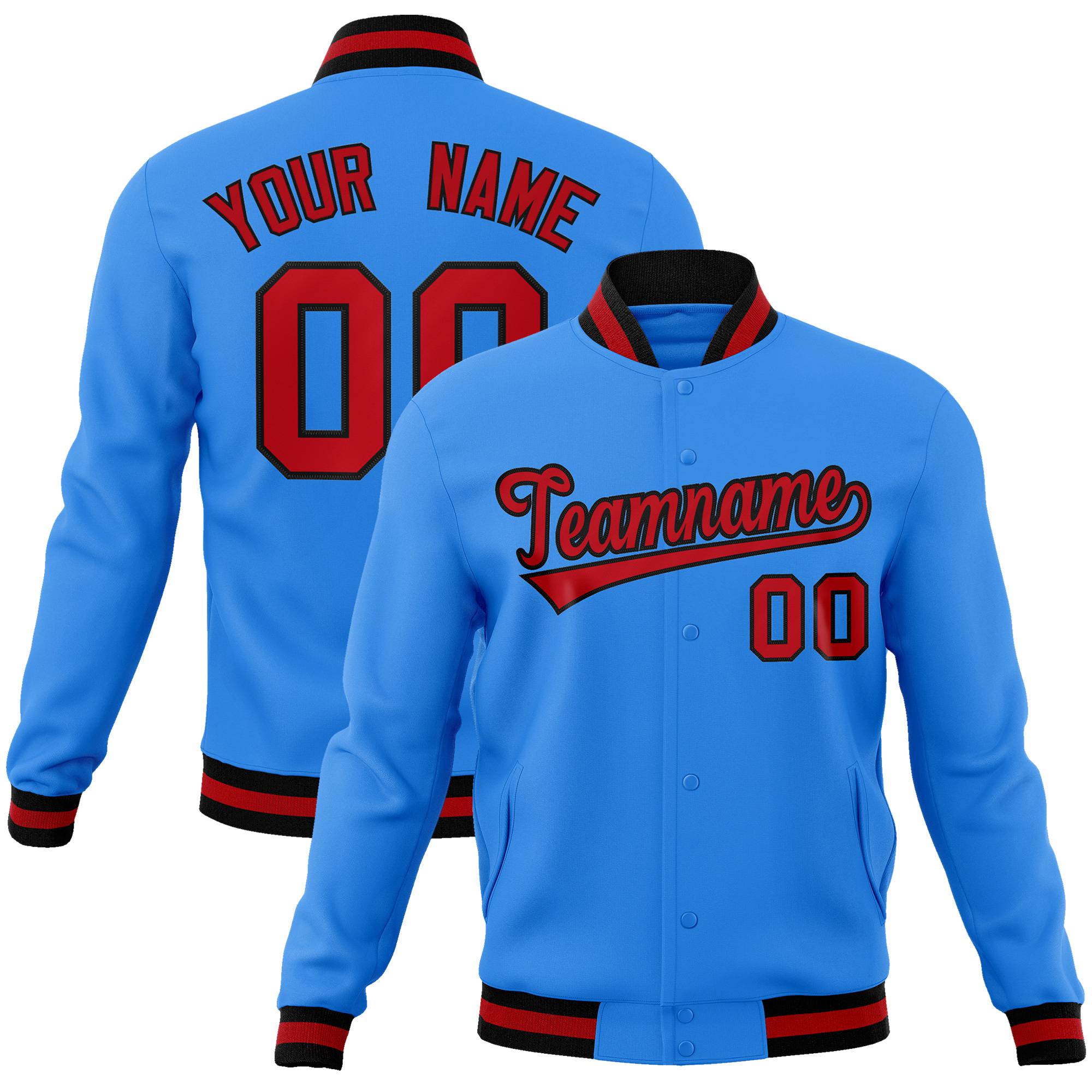 Custom Powder Blue-Red-Black Bomber Full-Snap Varsity Letterman Jacket