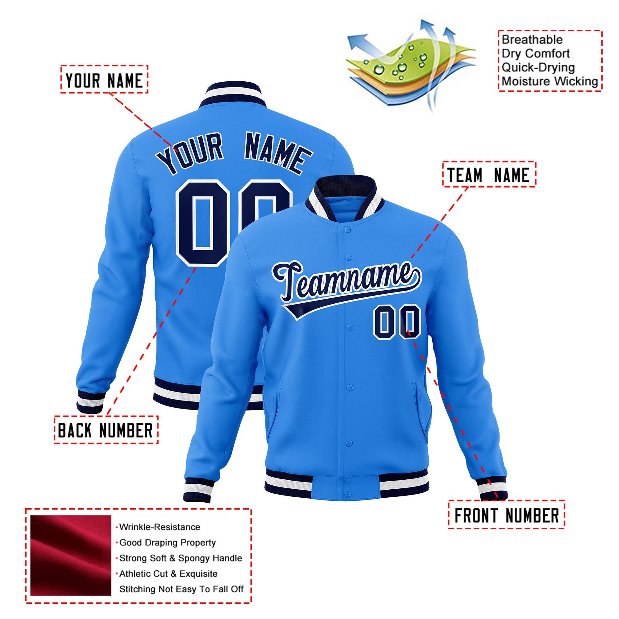 Custom Powder Blue- Navy-White Bomber Full-Snap Varsity Letterman Jacket