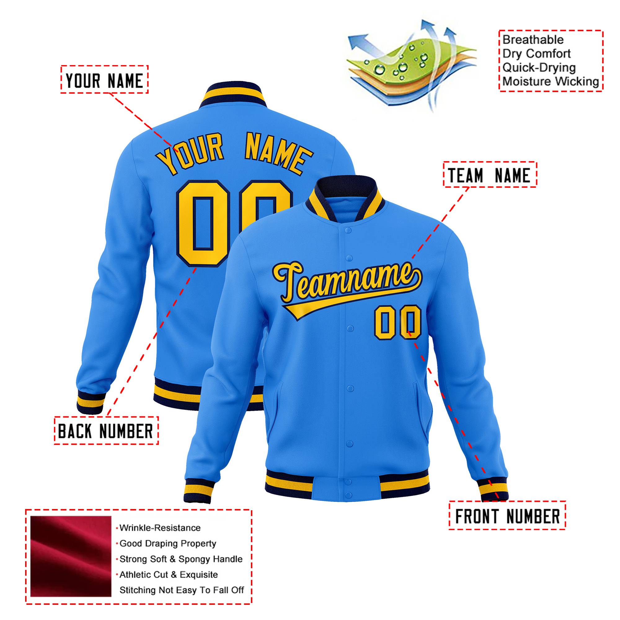 Custom Powder Blue- Yellow-Navy Bomber Full-Snap Varsity Letterman Jacket