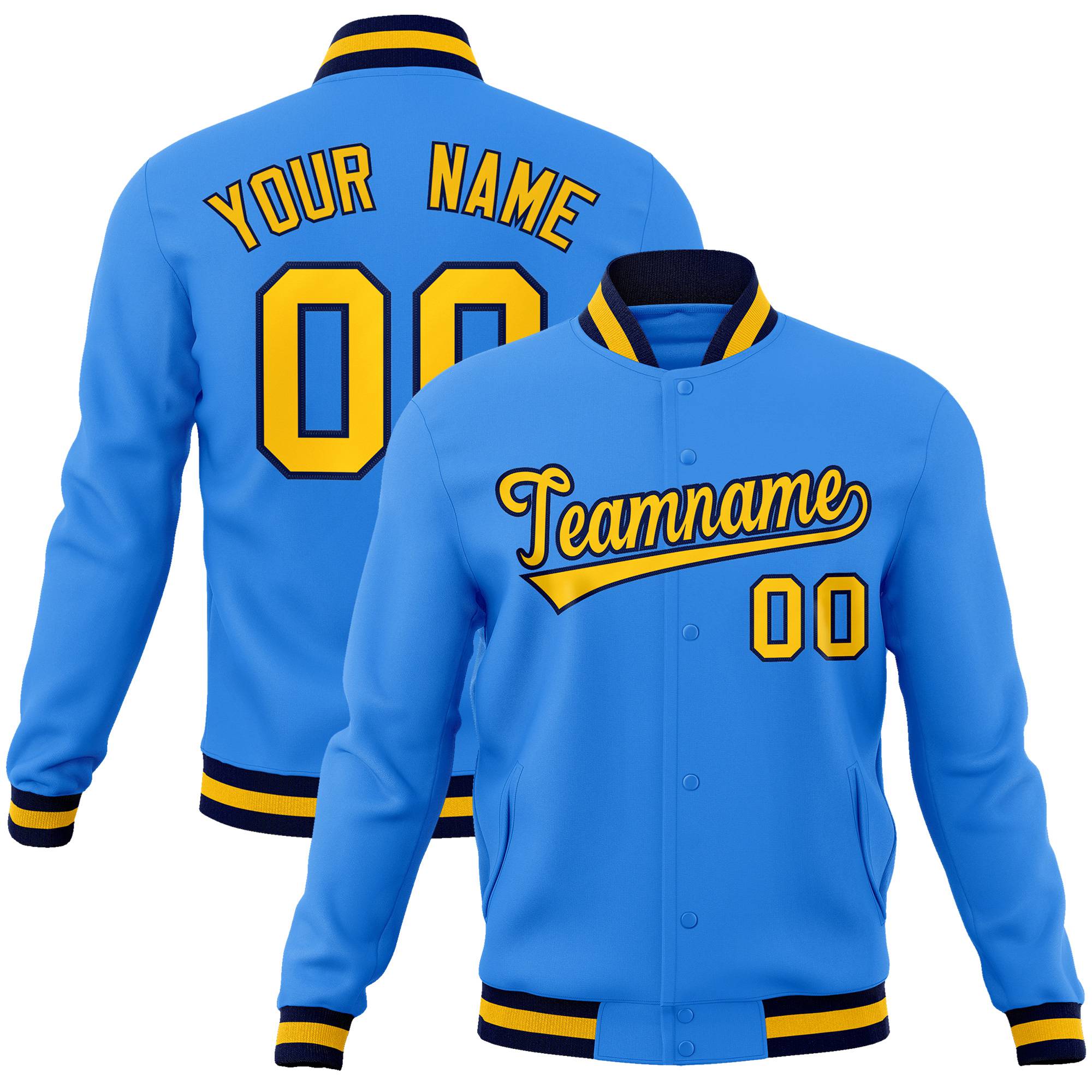 Custom Powder Blue- Yellow-Navy Bomber Full-Snap Varsity Letterman Jacket