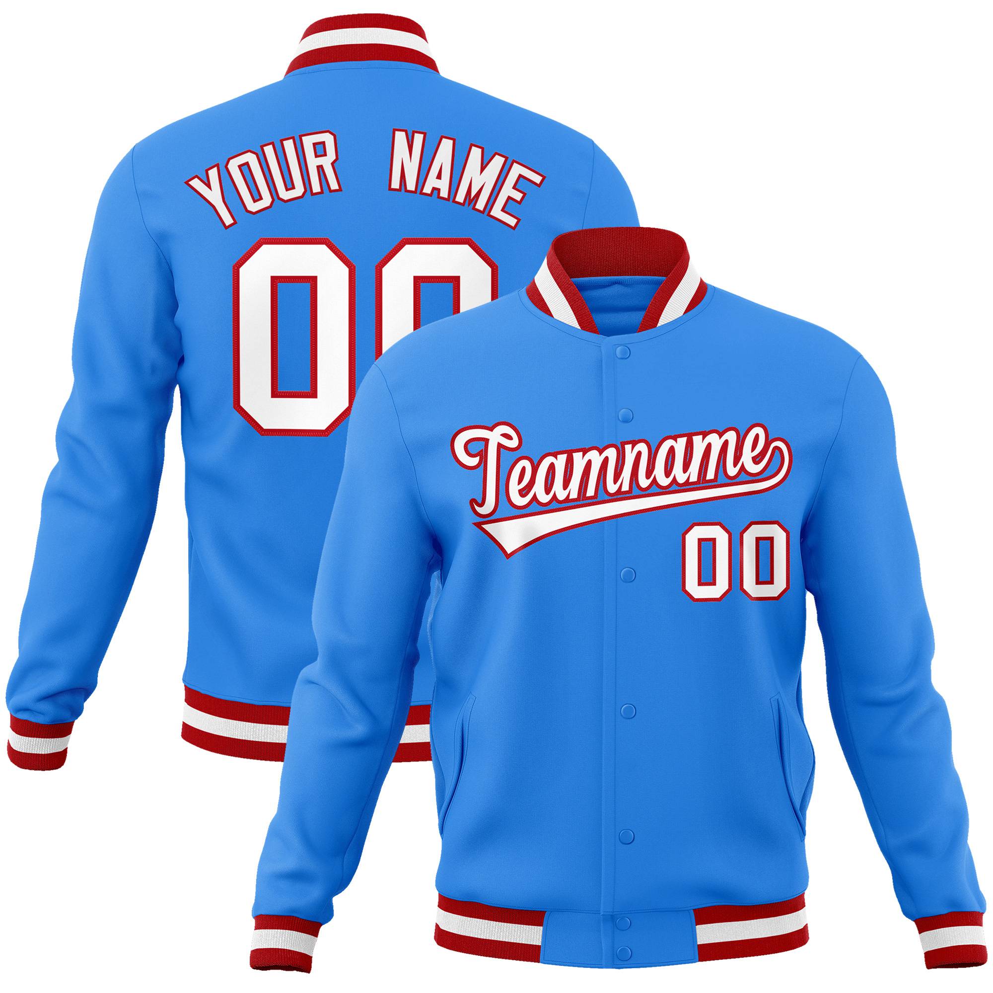 Custom Powder Blue- White-Red Bomber Full-Snap Varsity Letterman Jacket