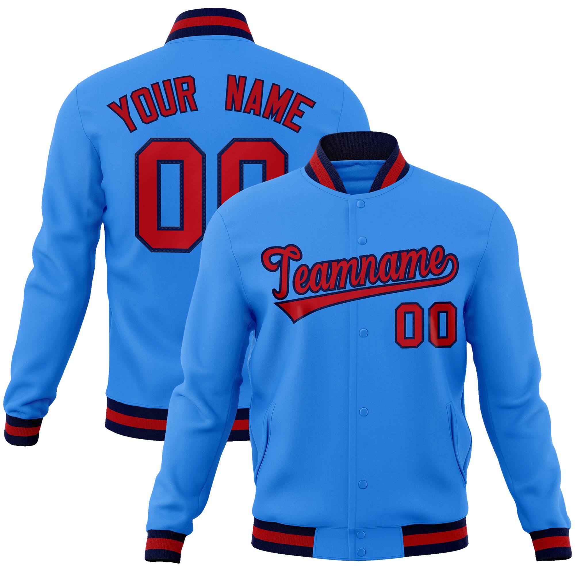 Custom Powder Blue-Red-Navy Bomber Full-Snap Varsity Letterman Jacket