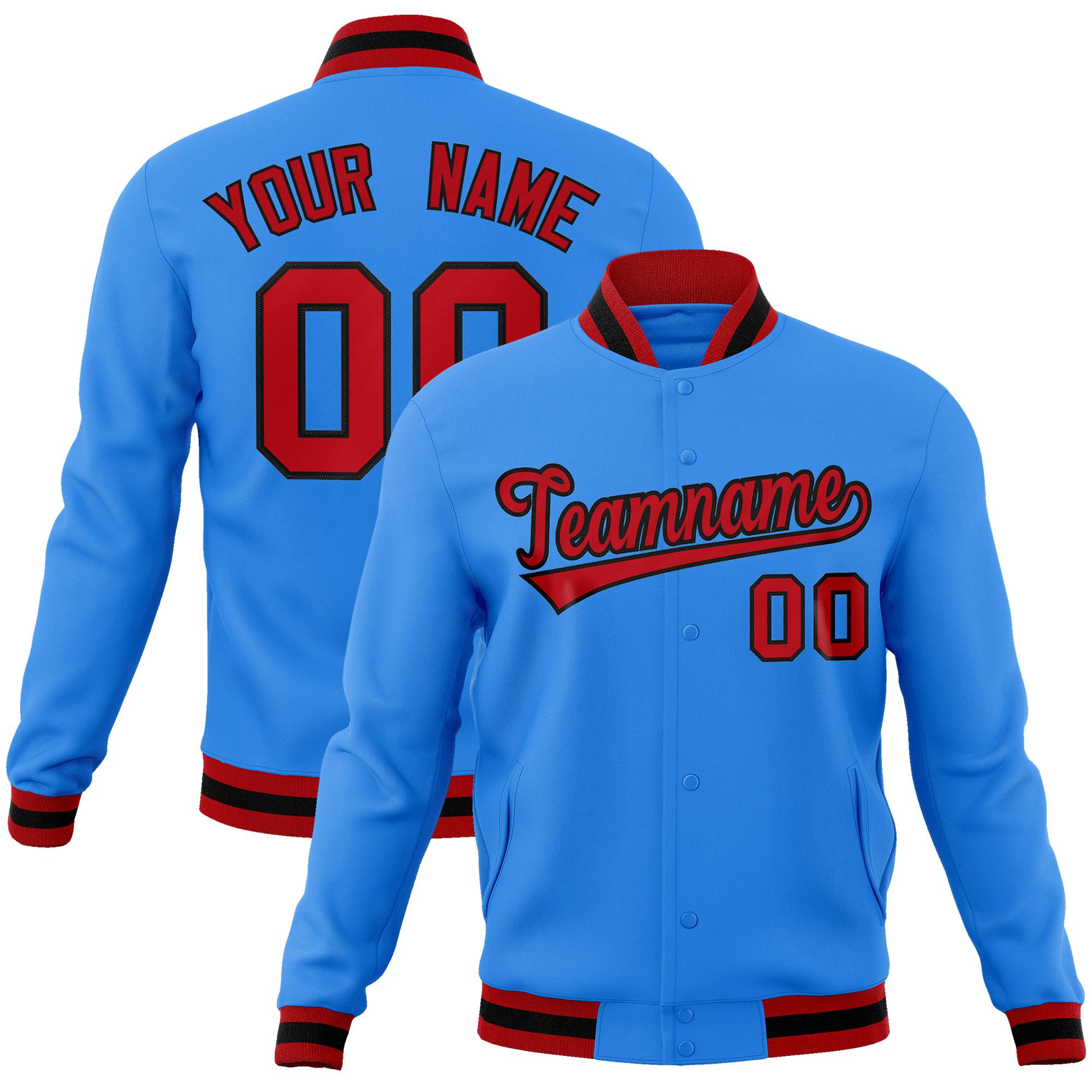 Custom Powder Blue- Red-Black Bomber Full-Snap Varsity Letterman Jacket