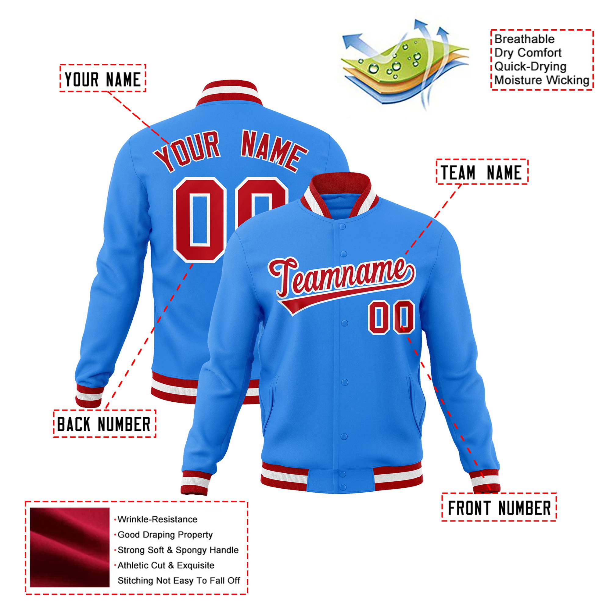 Custom Electric Blue Red-White Bomber Full-Snap Varsity Letterman Jacket