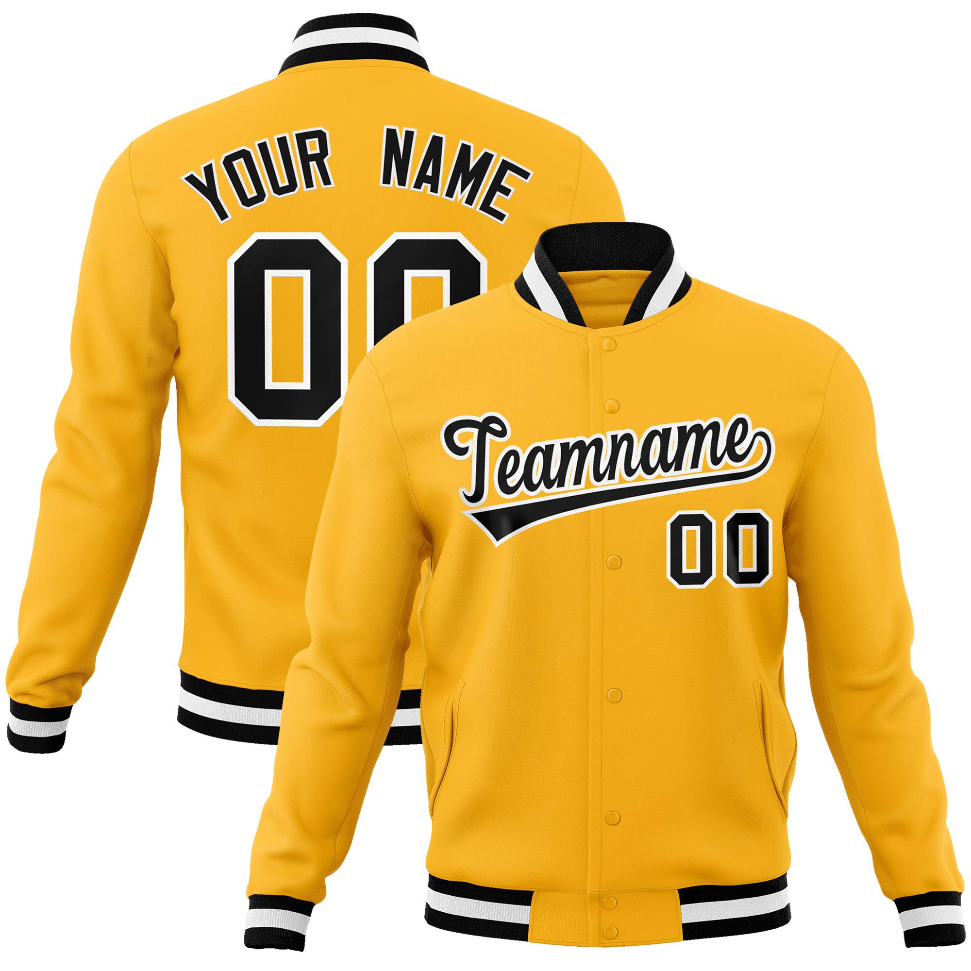 Custom Yellow Black-White Bomber Full-Snap Varsity Letterman Jacket