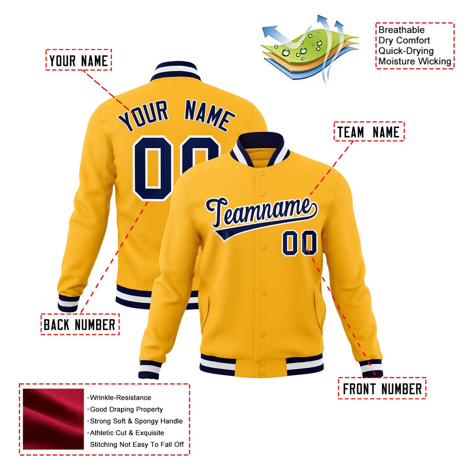 Custom Yellow- Navy-White Bomber Full-Snap Varsity Letterman Jacket