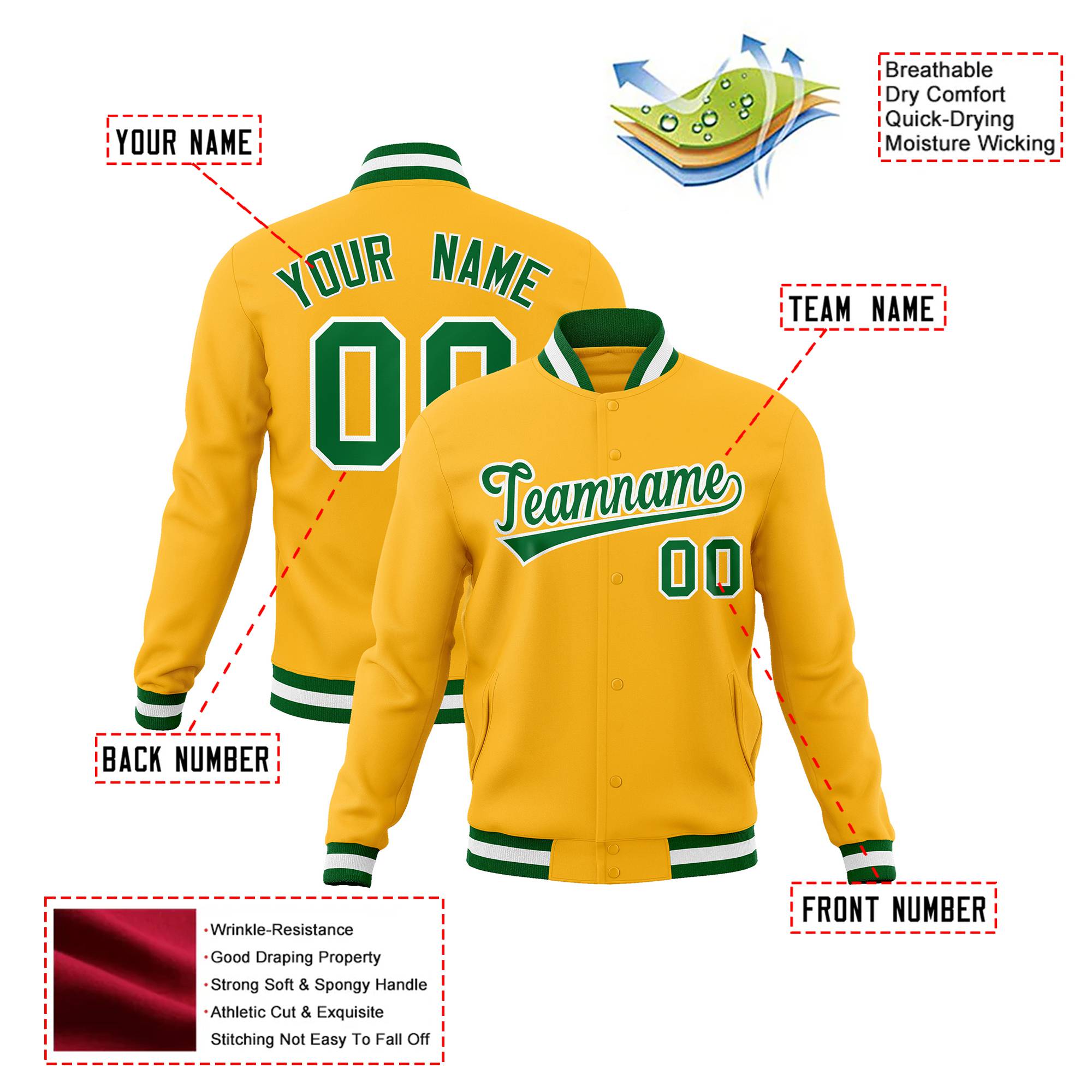 Custom Yellow-Kelly Green- White Bomber Full-Snap Varsity Letterman Jacket