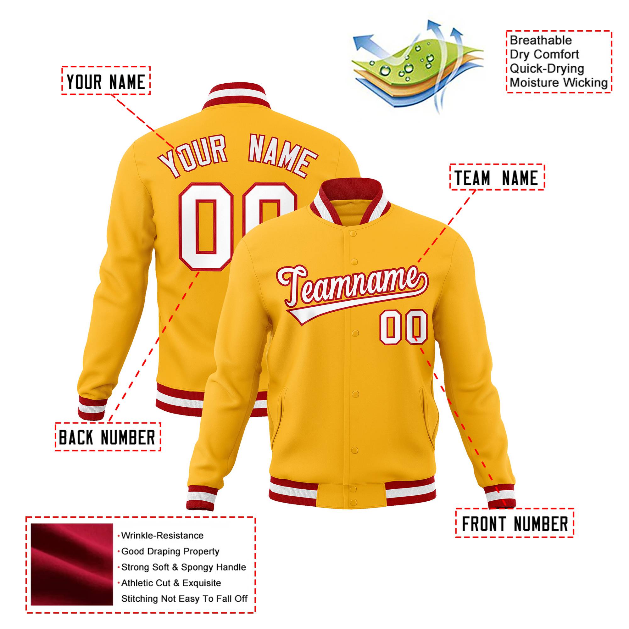 Custom Yellow- White-Red Bomber Full-Snap Varsity Letterman Jacket