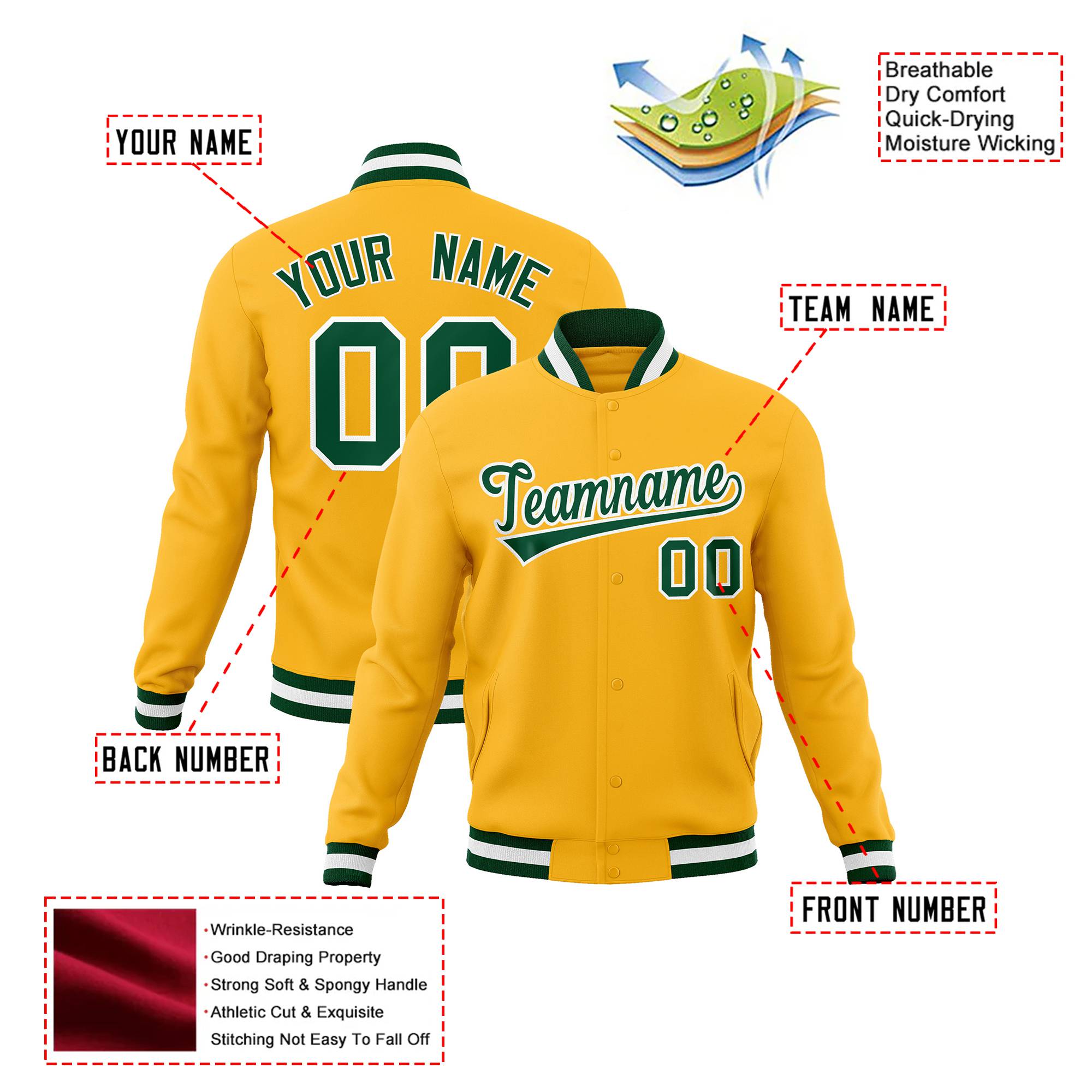 Custom Yellow- Kelly-Green White Bomber Full-Snap Varsity Letterman Jacket