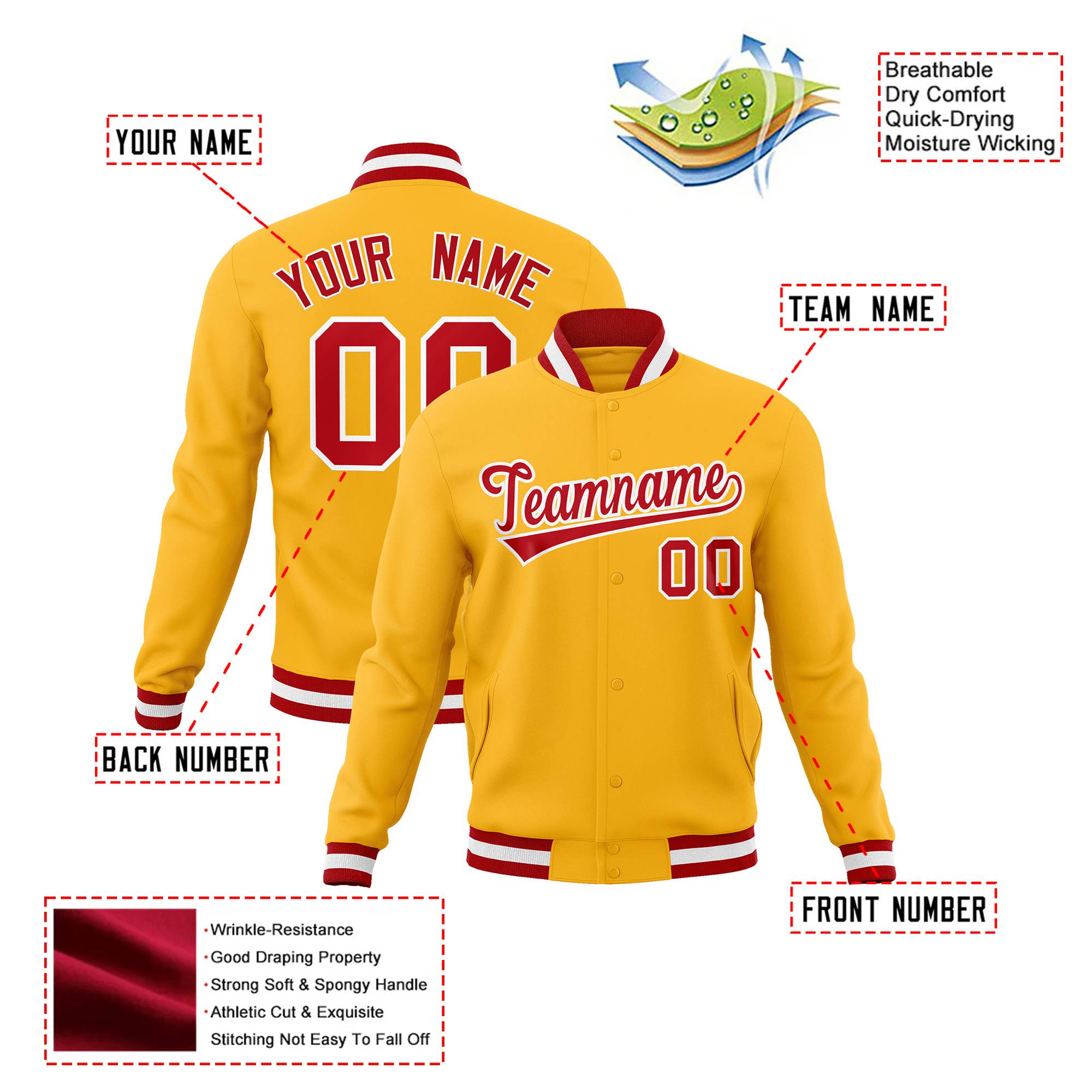 Custom Yellow- Red-White Bomber Full-Snap Varsity Letterman Jacket