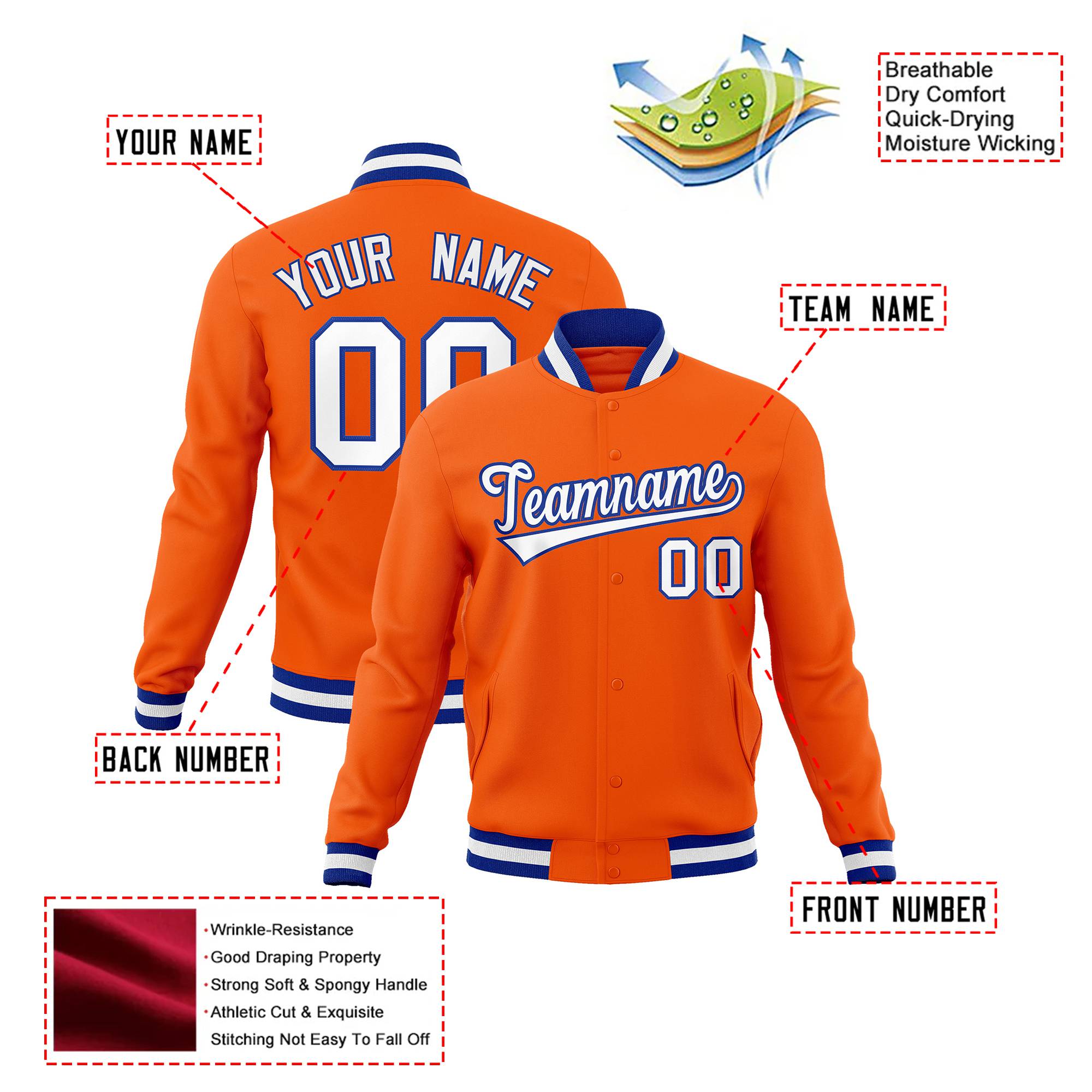 Custom Orange-White-Purple Bomber Full-Snap Varsity Letterman Jacket