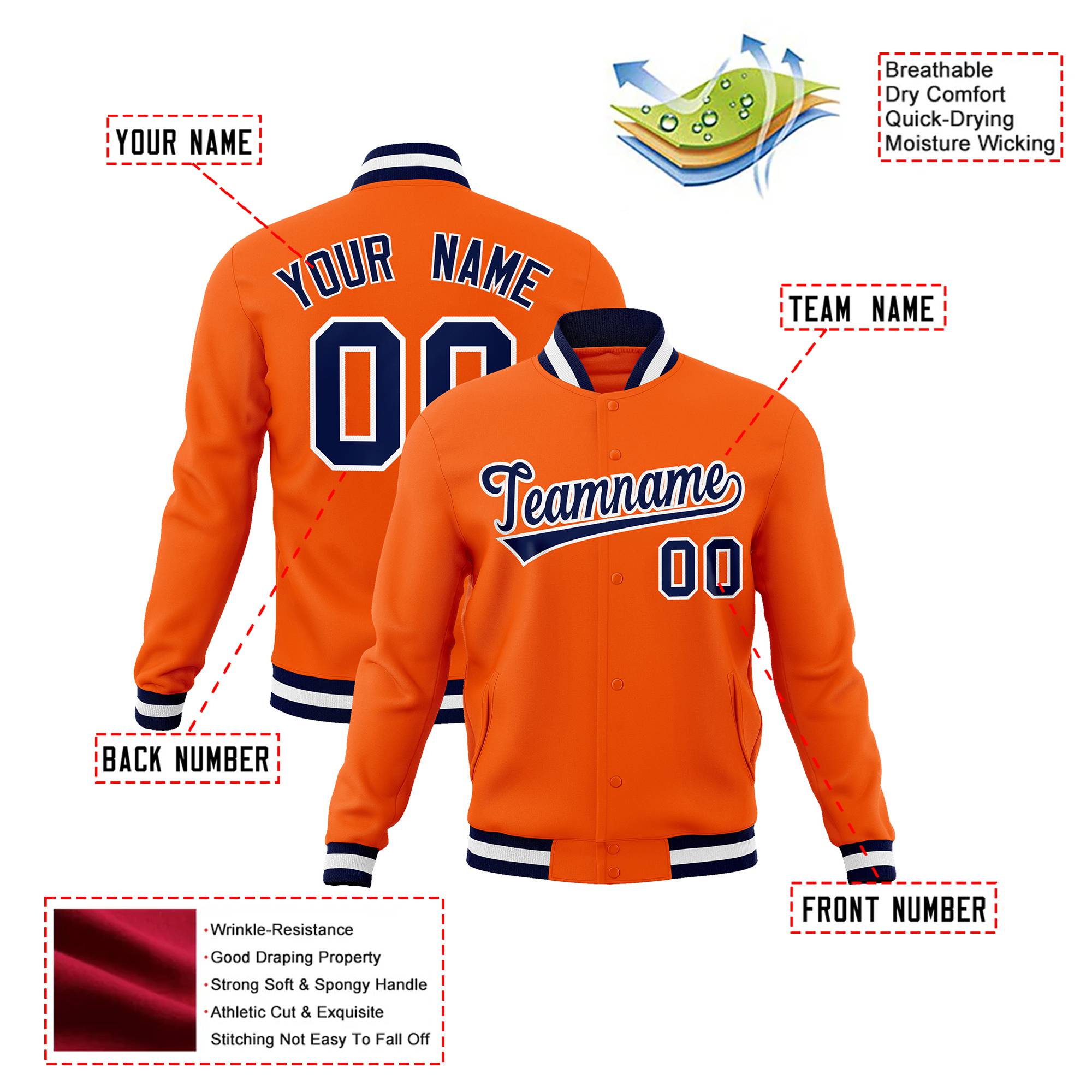 Custom Orange- Purple-White Bomber Full-Snap Varsity Letterman Jacket