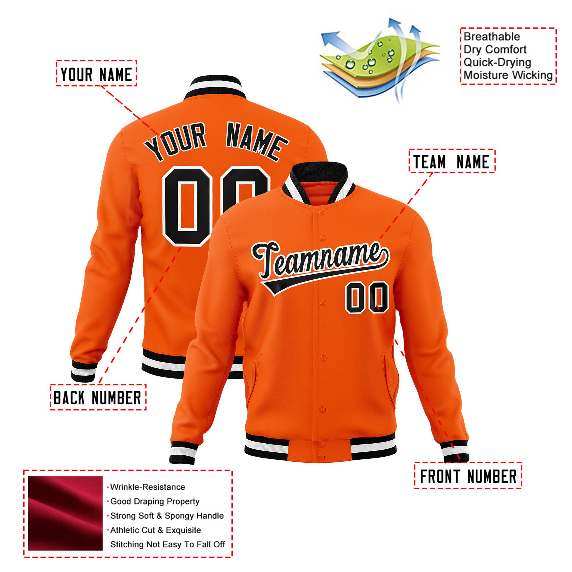 Custom Orange- Black-White Bomber Full-Snap Varsity Letterman Jacket