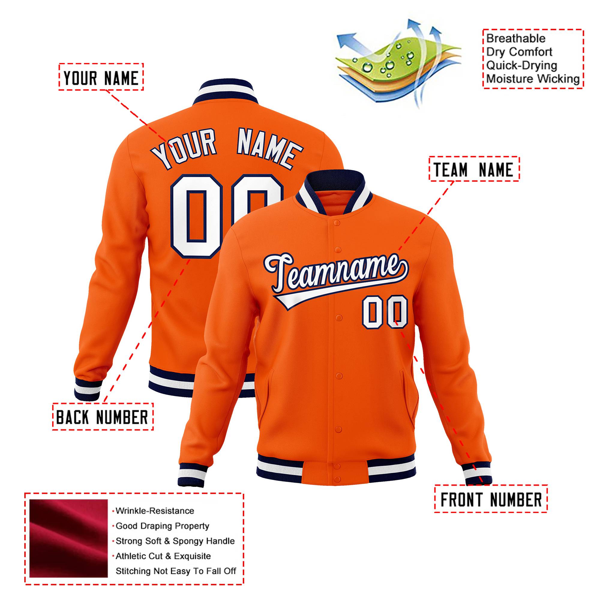 Custom Orange- White-Black Bomber Full-Snap Varsity Letterman Jacket