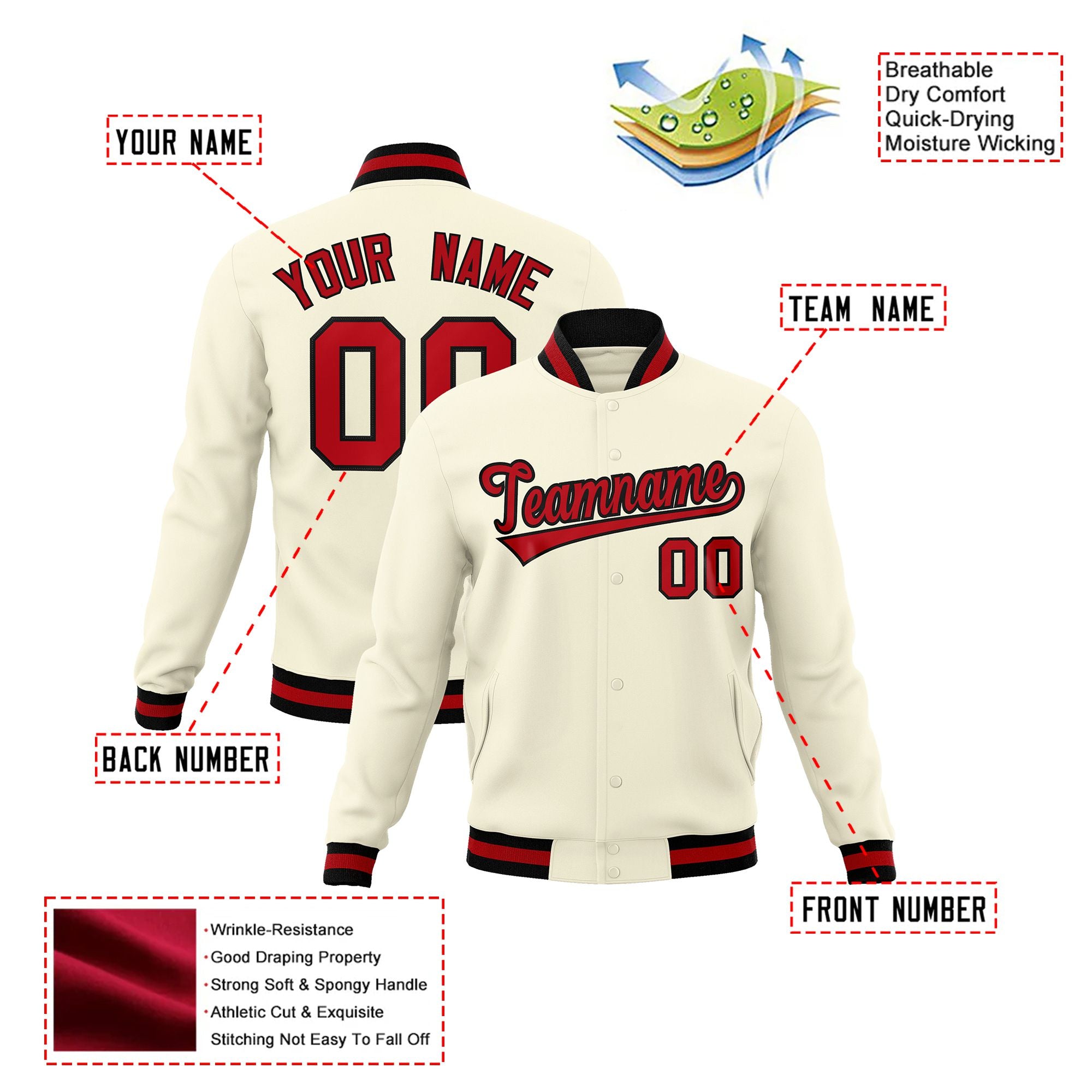 Custom Cream-Red-Black Bomber Full-Snap Varsity Letterman Jacket