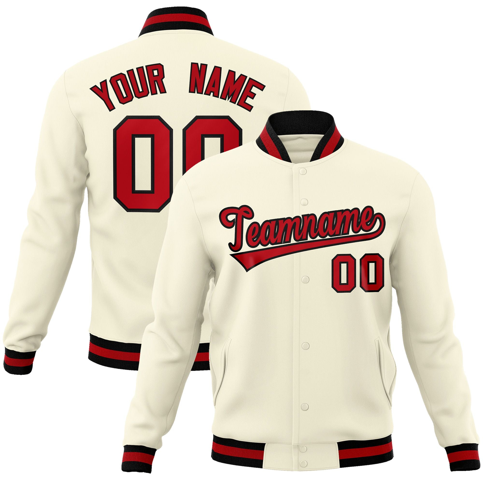 Custom Cream-Red-Black Bomber Full-Snap Varsity Letterman Jacket