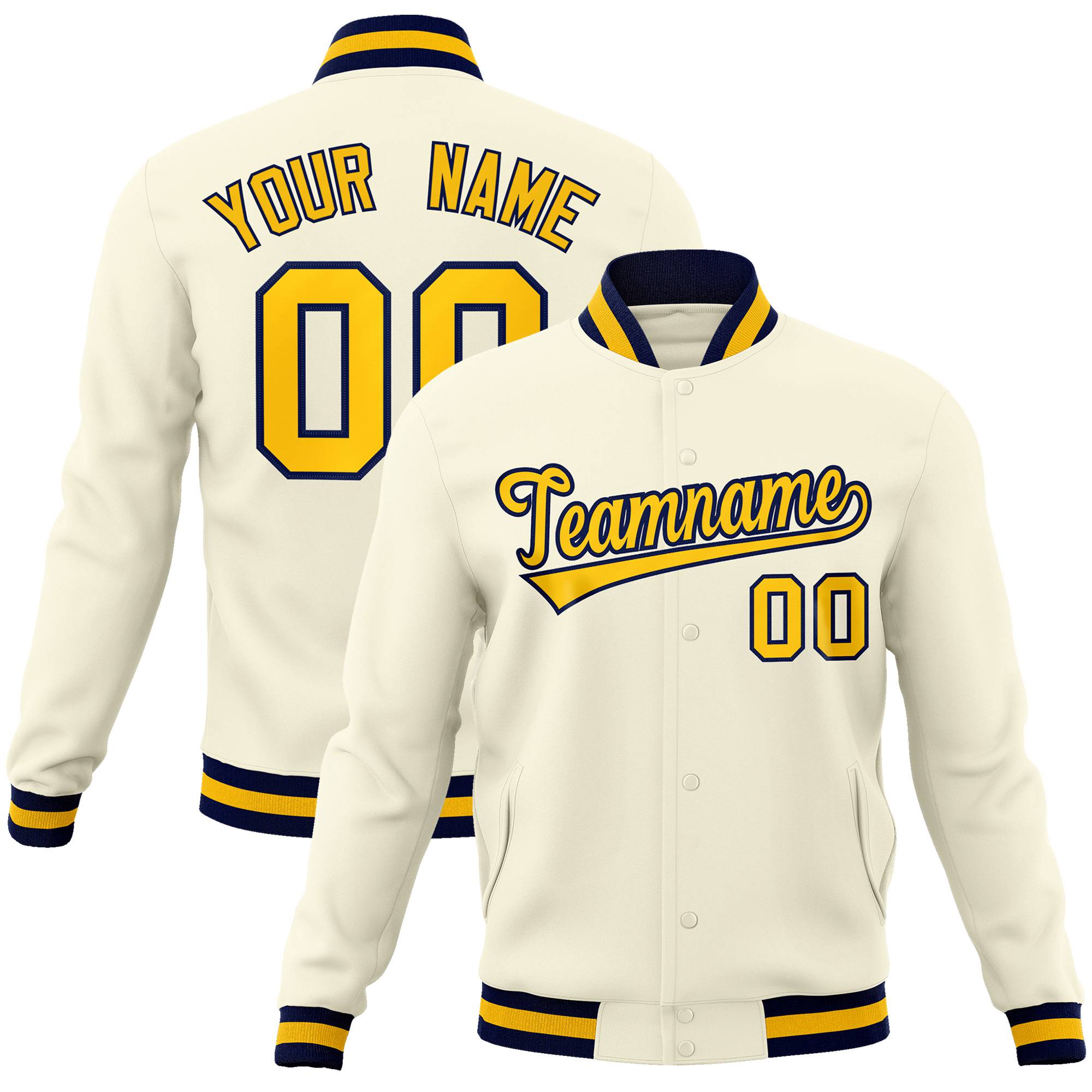 Custom Cream- Yellow-Black Bomber Full-Snap Varsity Letterman Jacket