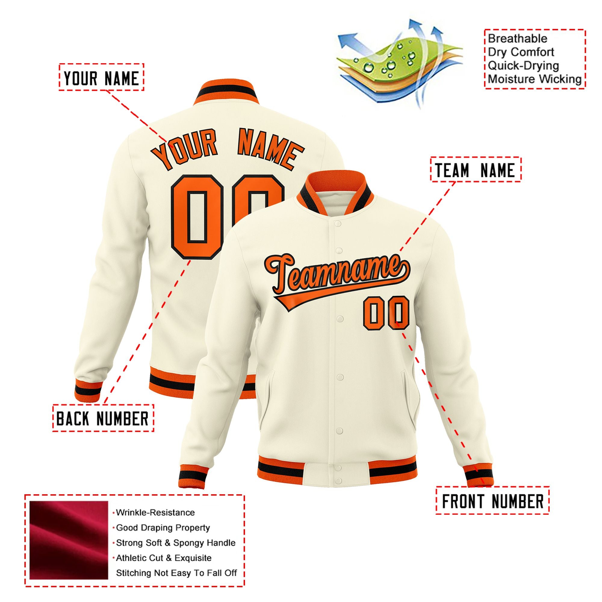 Custom Cream- Orange-Black Bomber Full-Snap Varsity Letterman Jacket