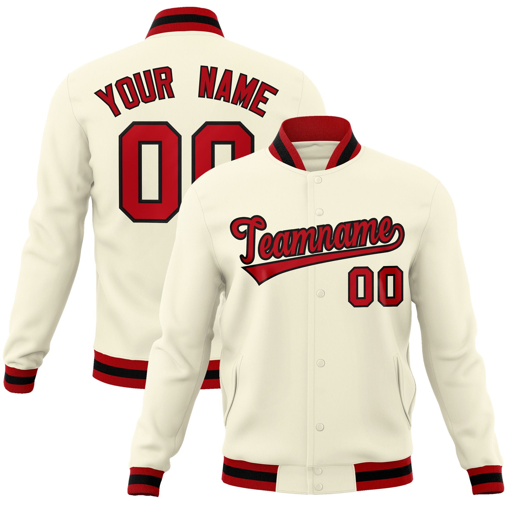 Custom Cream- Red-Black Bomber Full-Snap Varsity Letterman Jacket