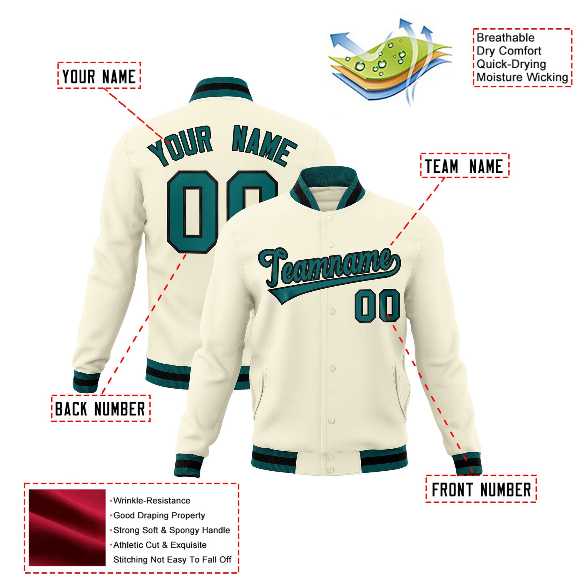 Custom Cream- Aqua-Black Bomber Full-Snap Varsity Letterman Jacket