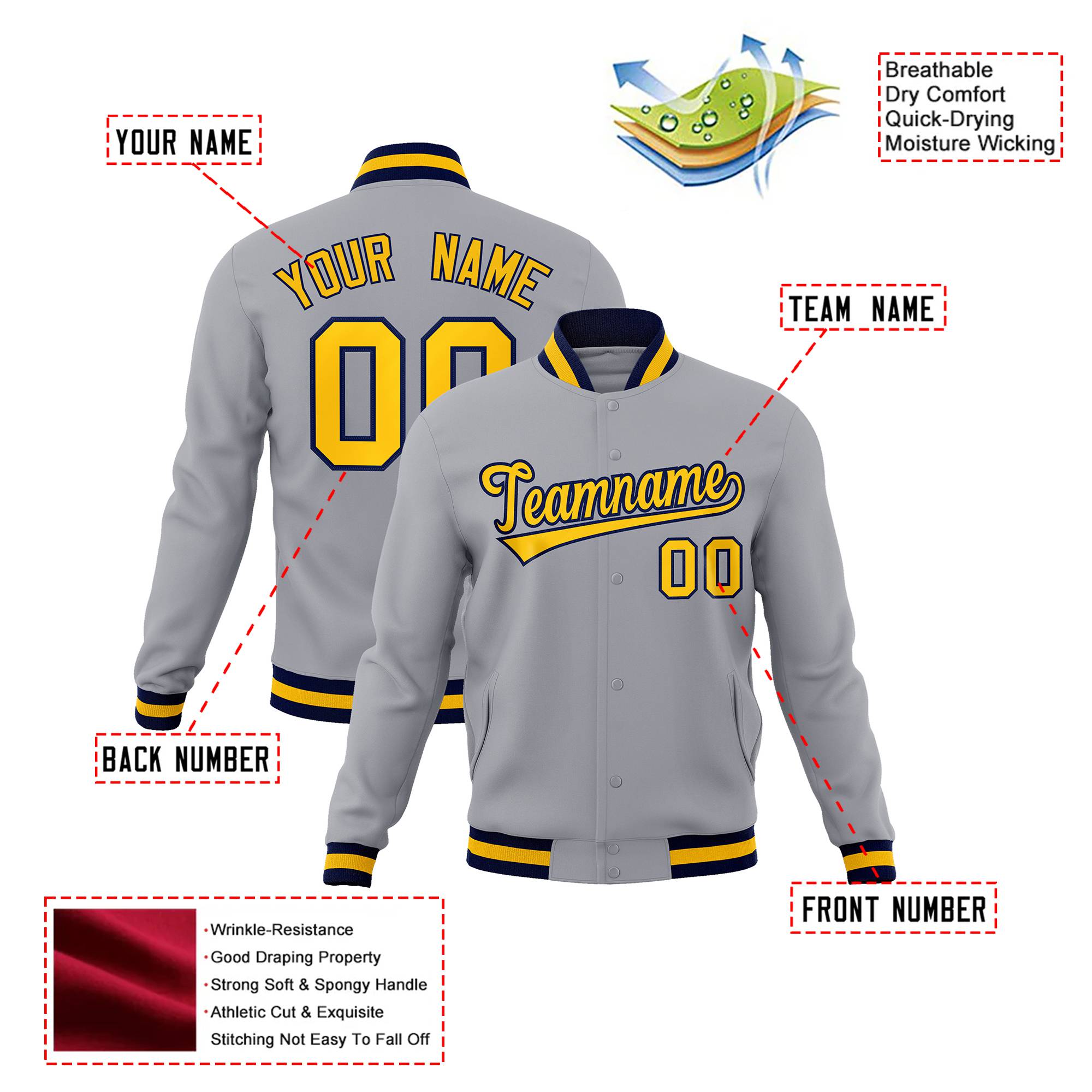 Custom Gray- Yellow-Navy Bomber Full-Snap Varsity Letterman Jacket