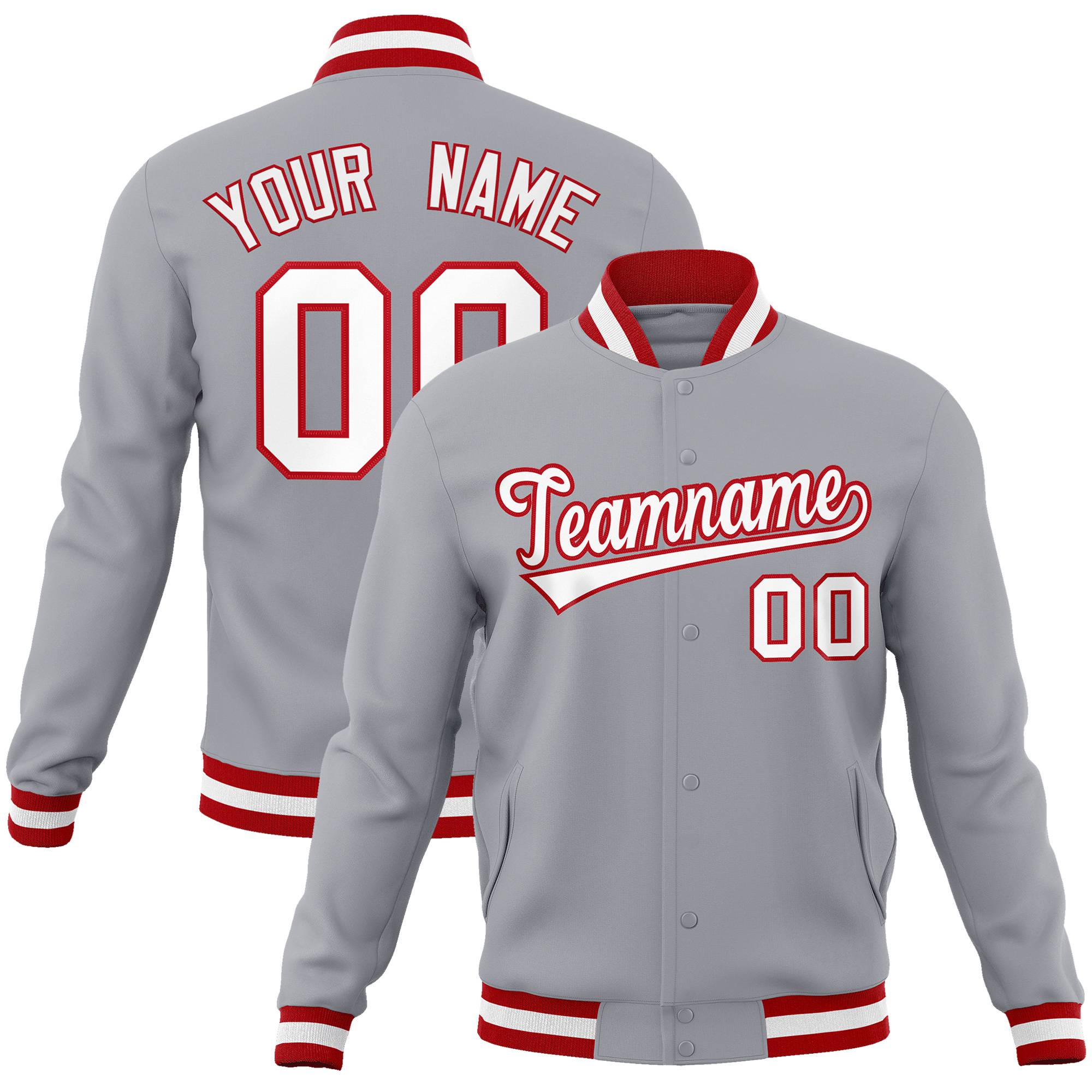 Custom Gray-White-Red Bomber Full-Snap Varsity Letterman Jacket