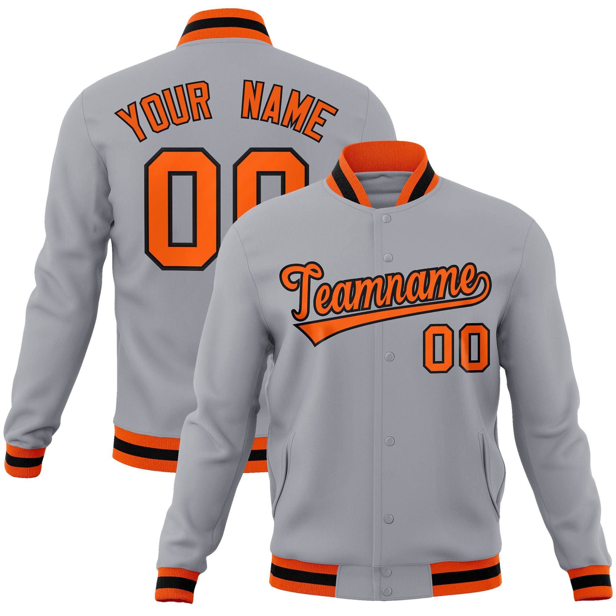 Custom Gray- Orange-Black Bomber Full-Snap Varsity Letterman Jacket