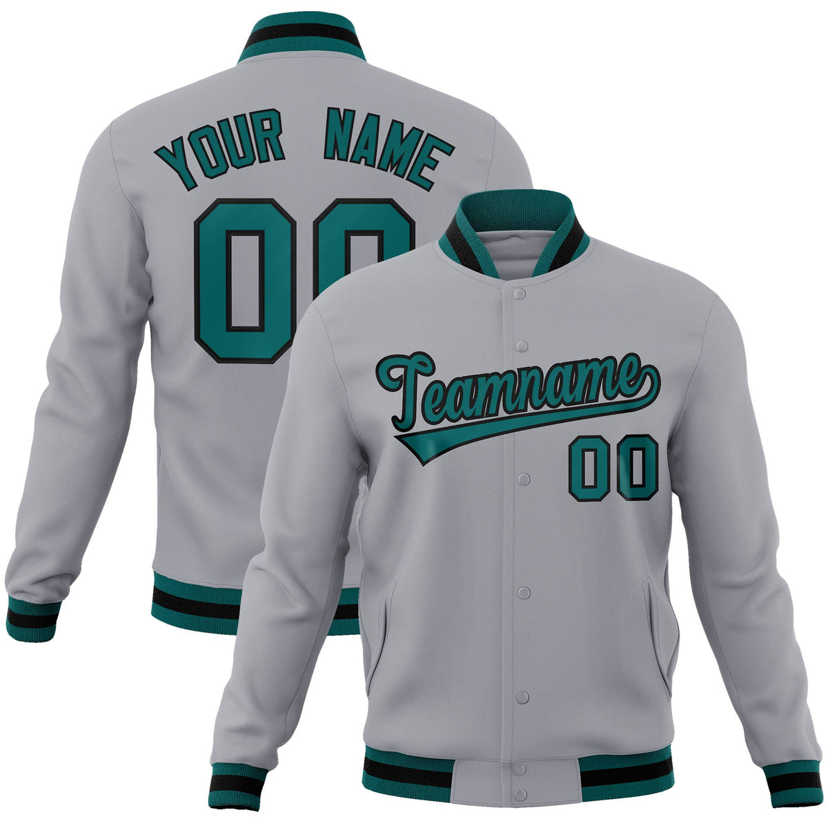 Custom Gray- Aqua-Black Bomber Full-Snap Varsity Letterman Jacket