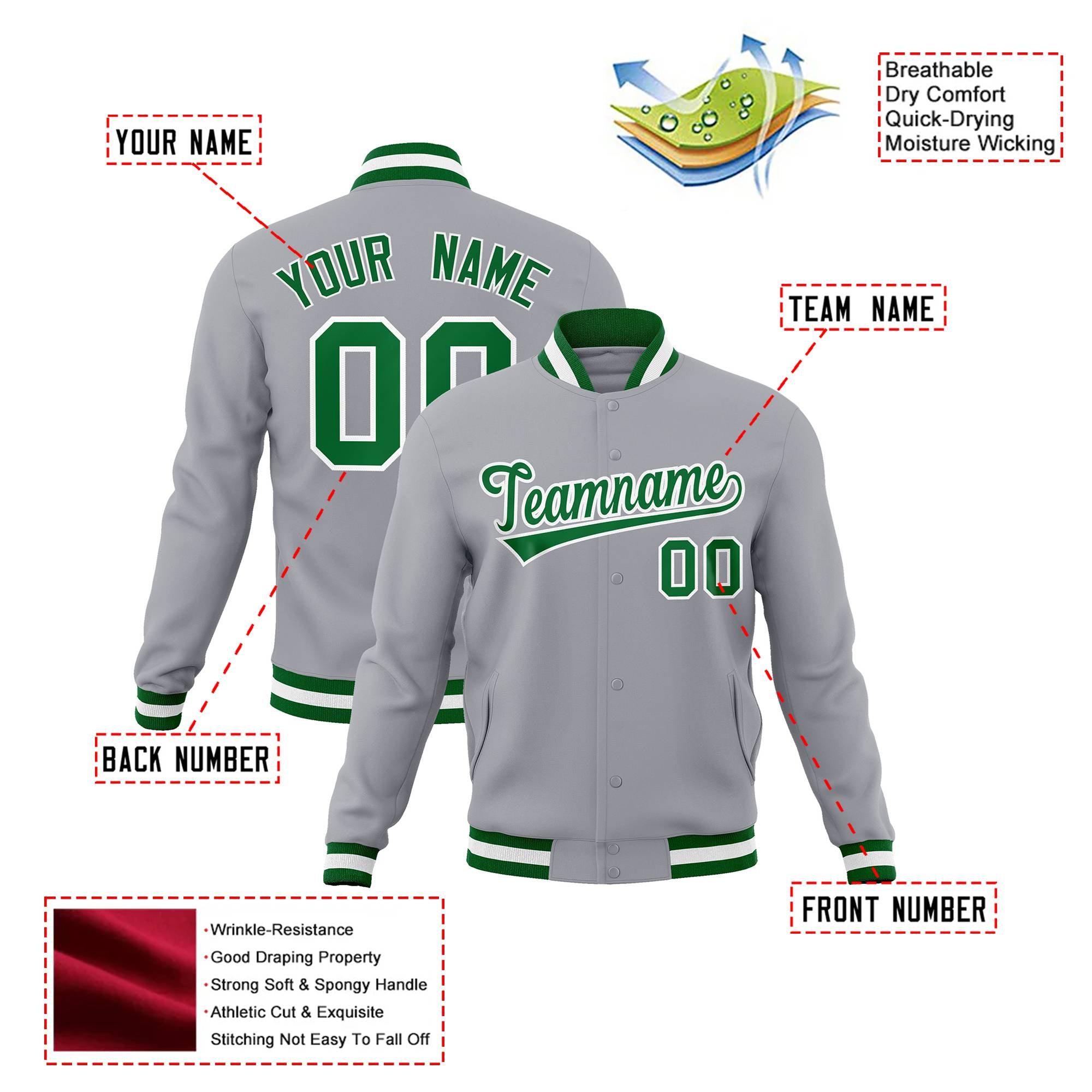 Custom Gray- Neon Green- White Bomber Full-Snap Varsity Letterman Jacket