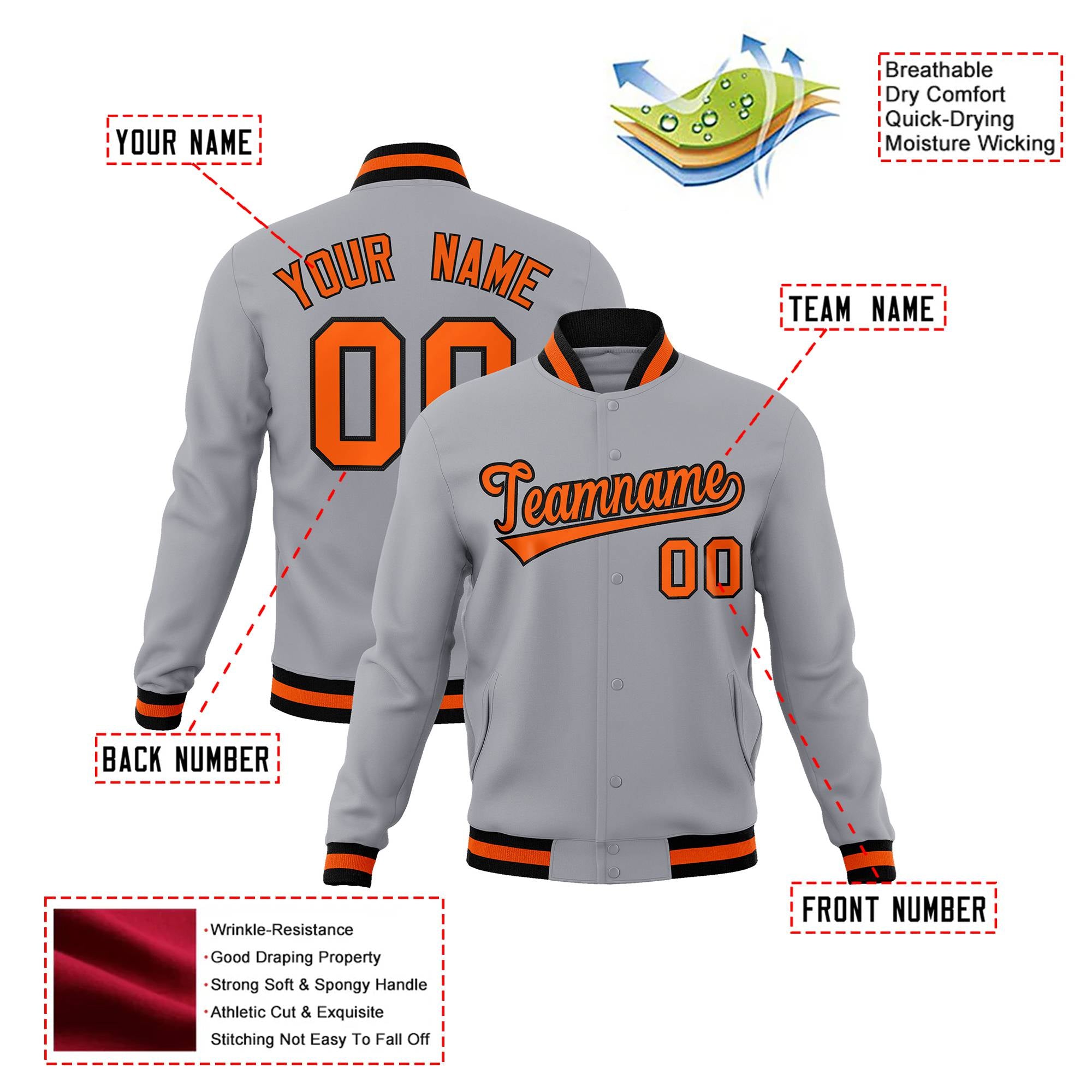 Custom Gray- Orange-Black Bomber Full-Snap Varsity Letterman Jacket