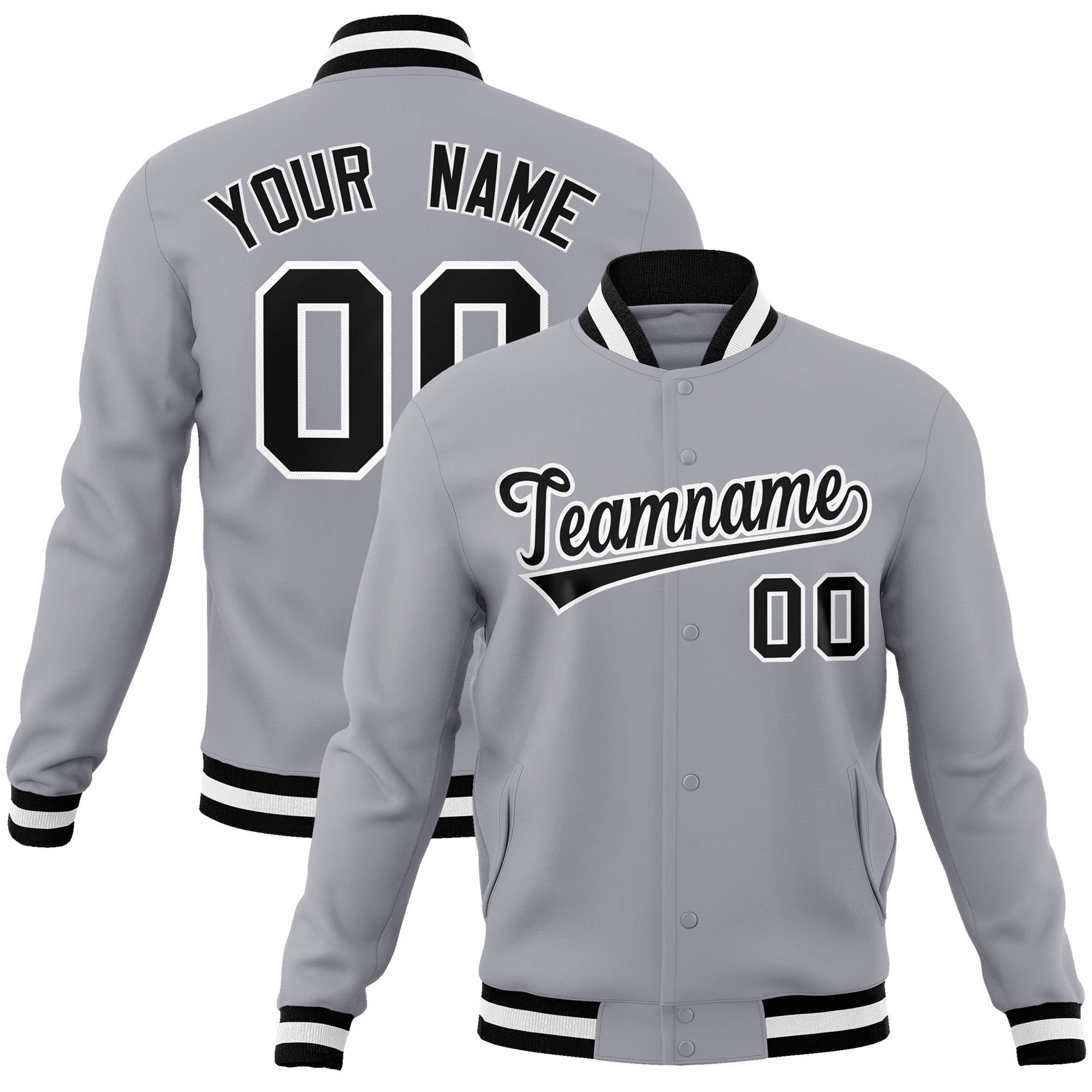 Custom Gray- Black-White Bomber Full-Snap Varsity Letterman Jacket