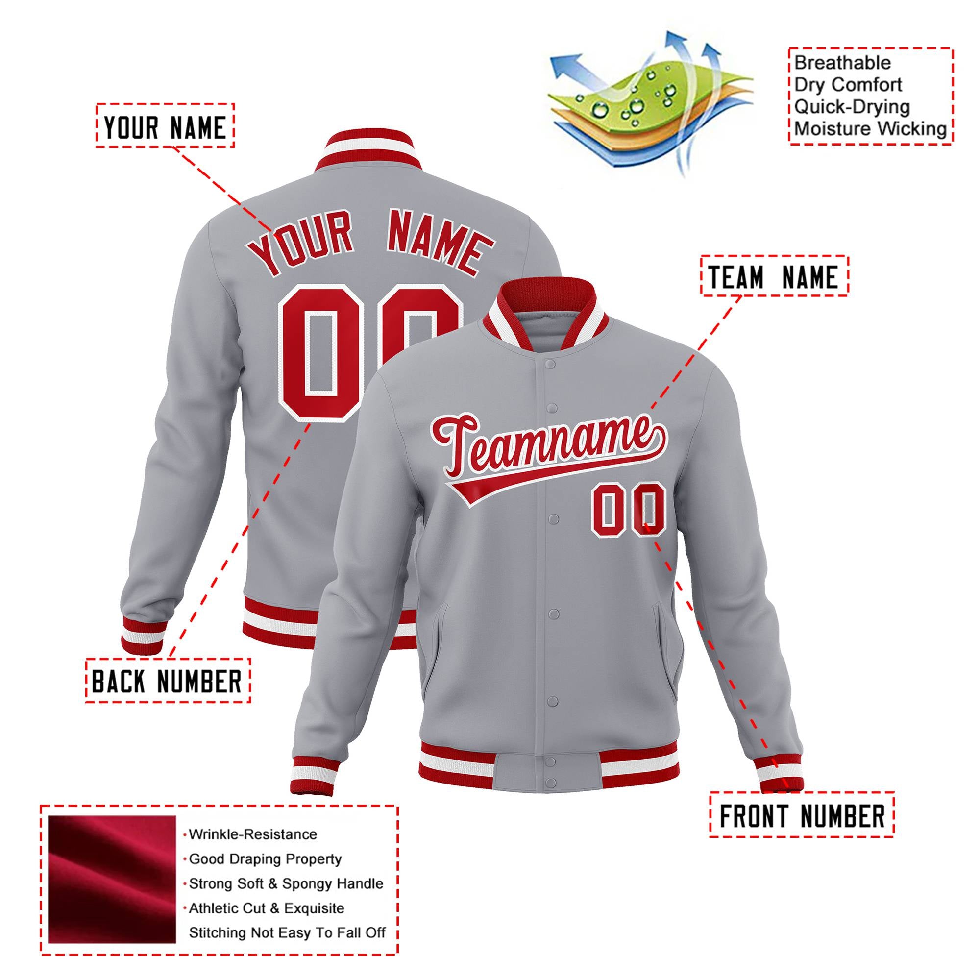 Custom Gray- Red-White Bomber Full-Snap Varsity Letterman Jacket