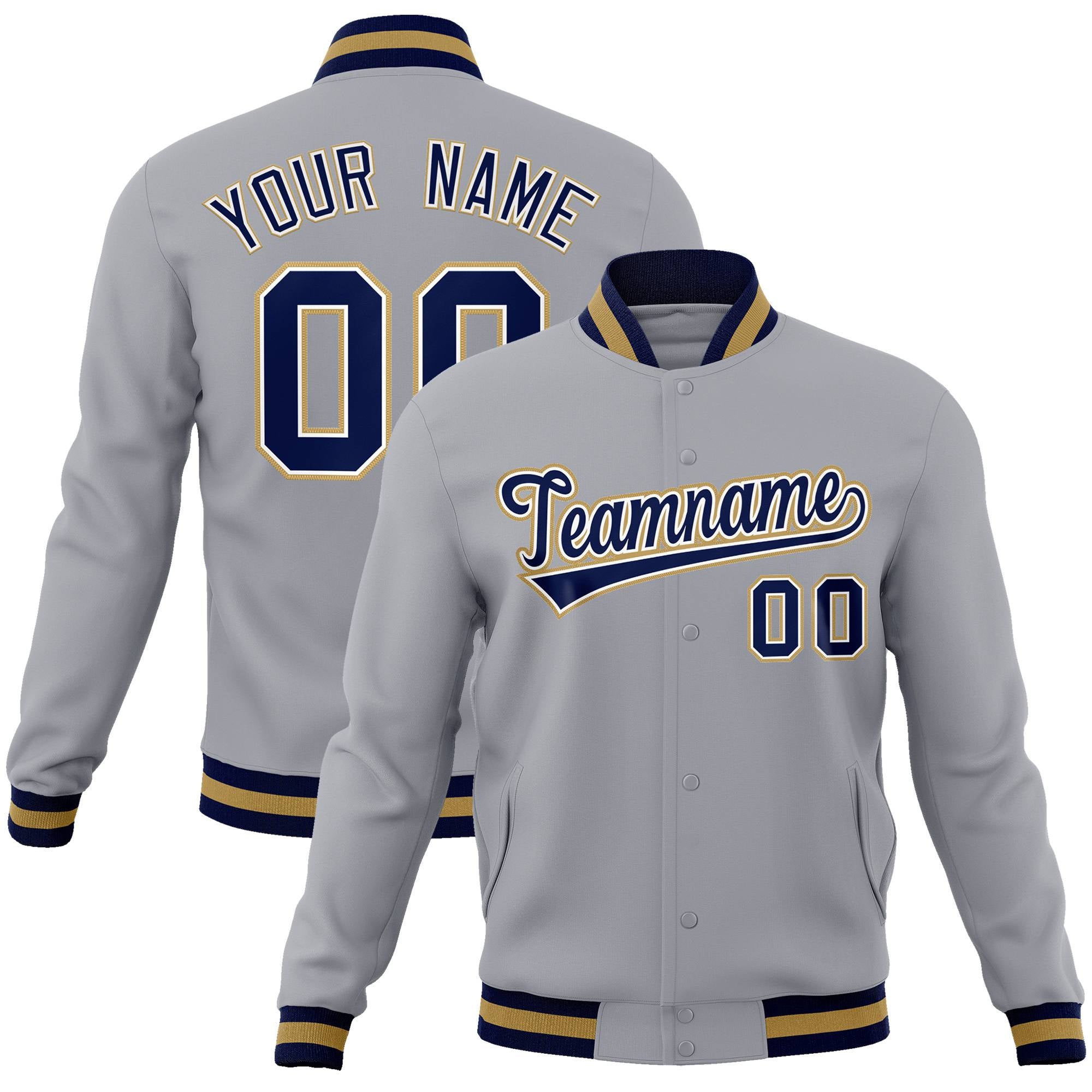 Custom Gray- Navy- Old-Gold Bomber Full-Snap Varsity Letterman Jacket