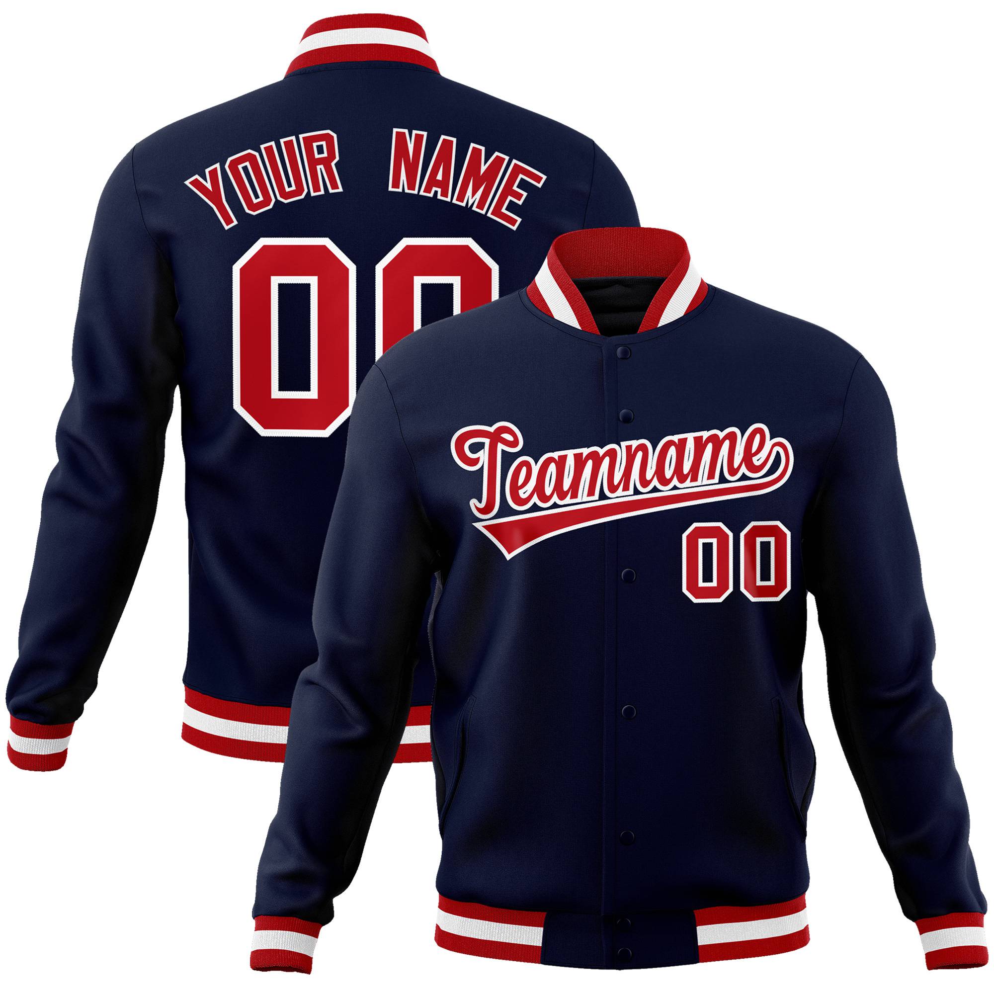 Custom Navy- Red-White Bomber Full-Snap Varsity Letterman Jacket