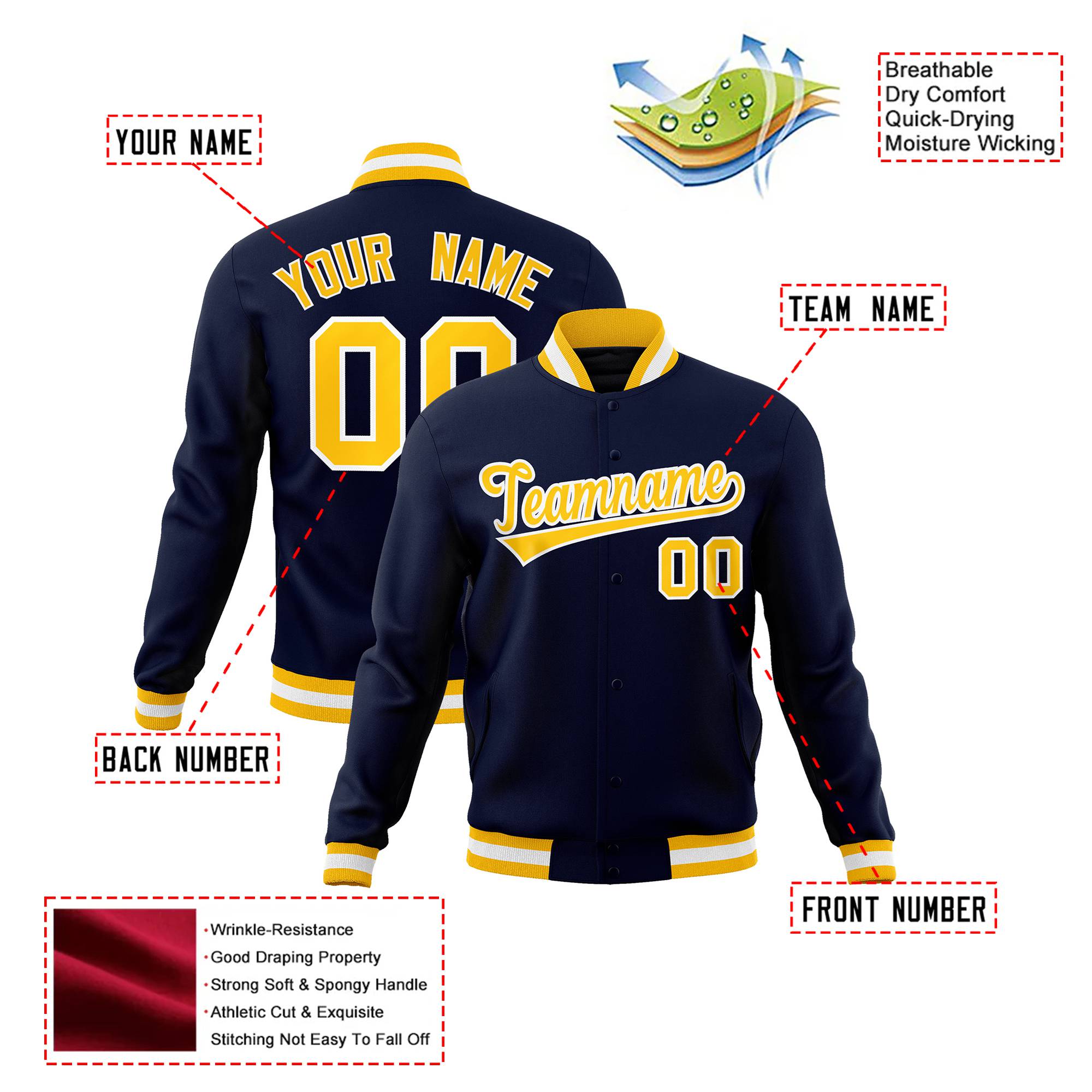 Custom Navy-Yellow-White Bomber Full-Snap Varsity Letterman Jacket