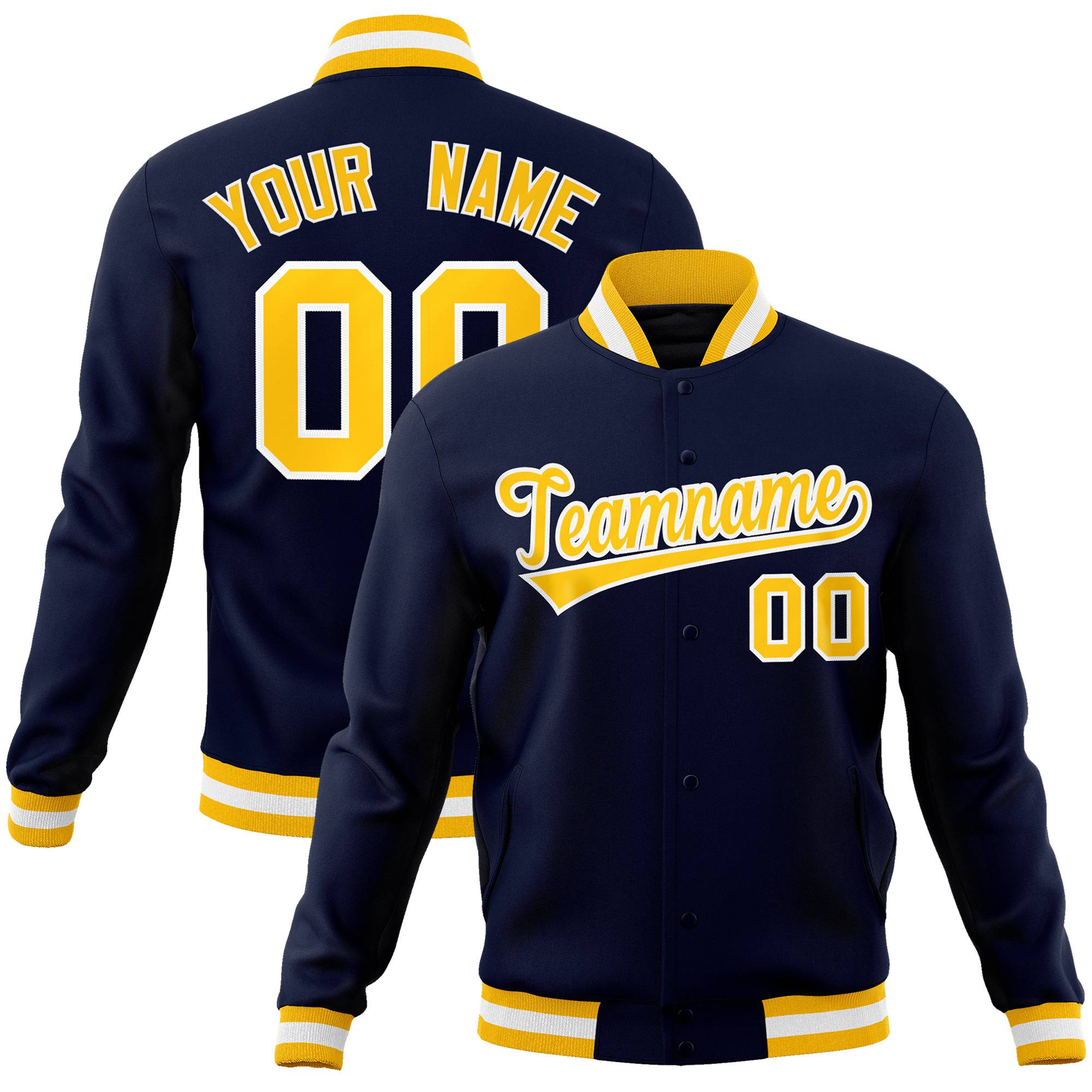 Custom Navy-Yellow-White Bomber Full-Snap Varsity Letterman Jacket