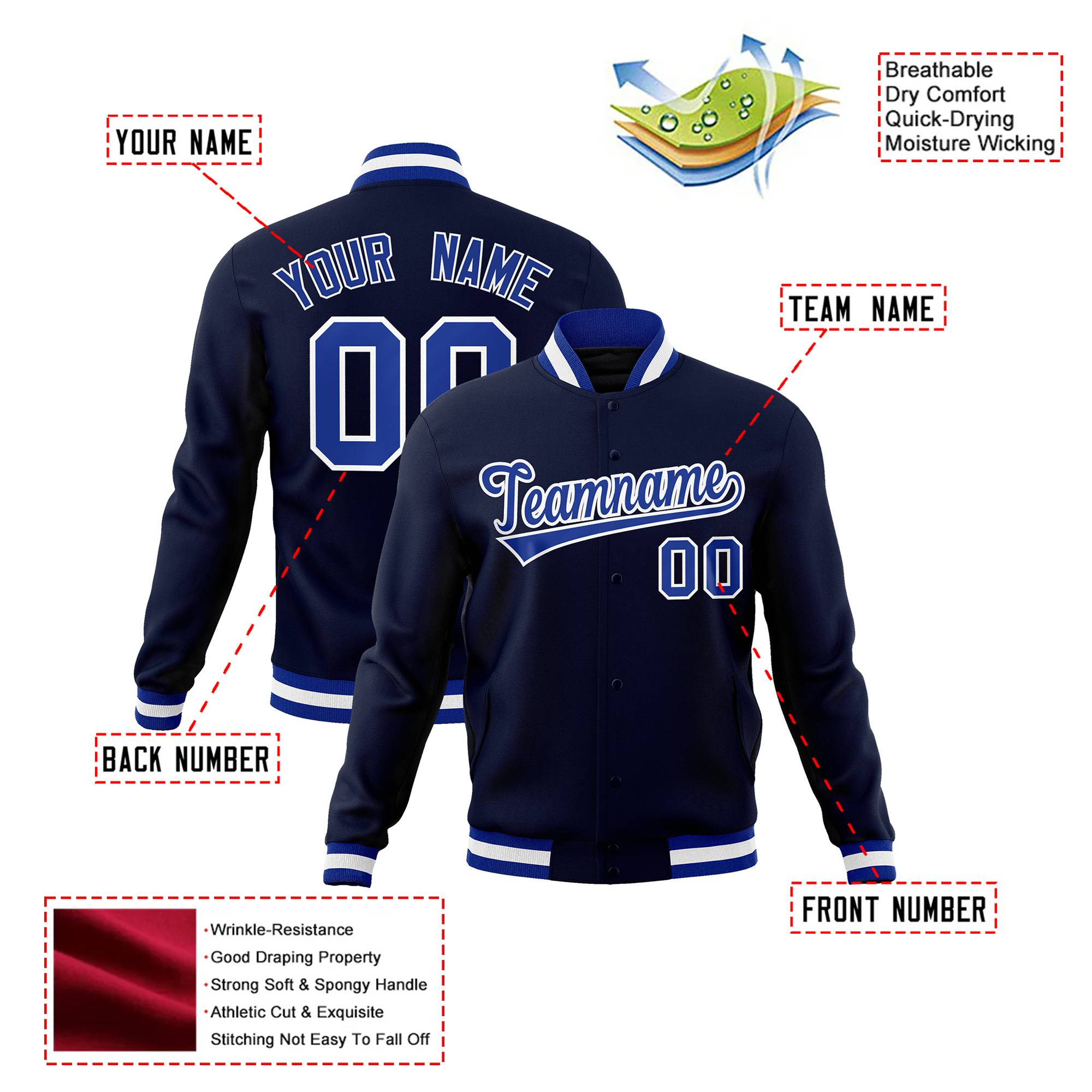 Custom Navy- Royal Blue- White Bomber Full-Snap Varsity Letterman Jacket