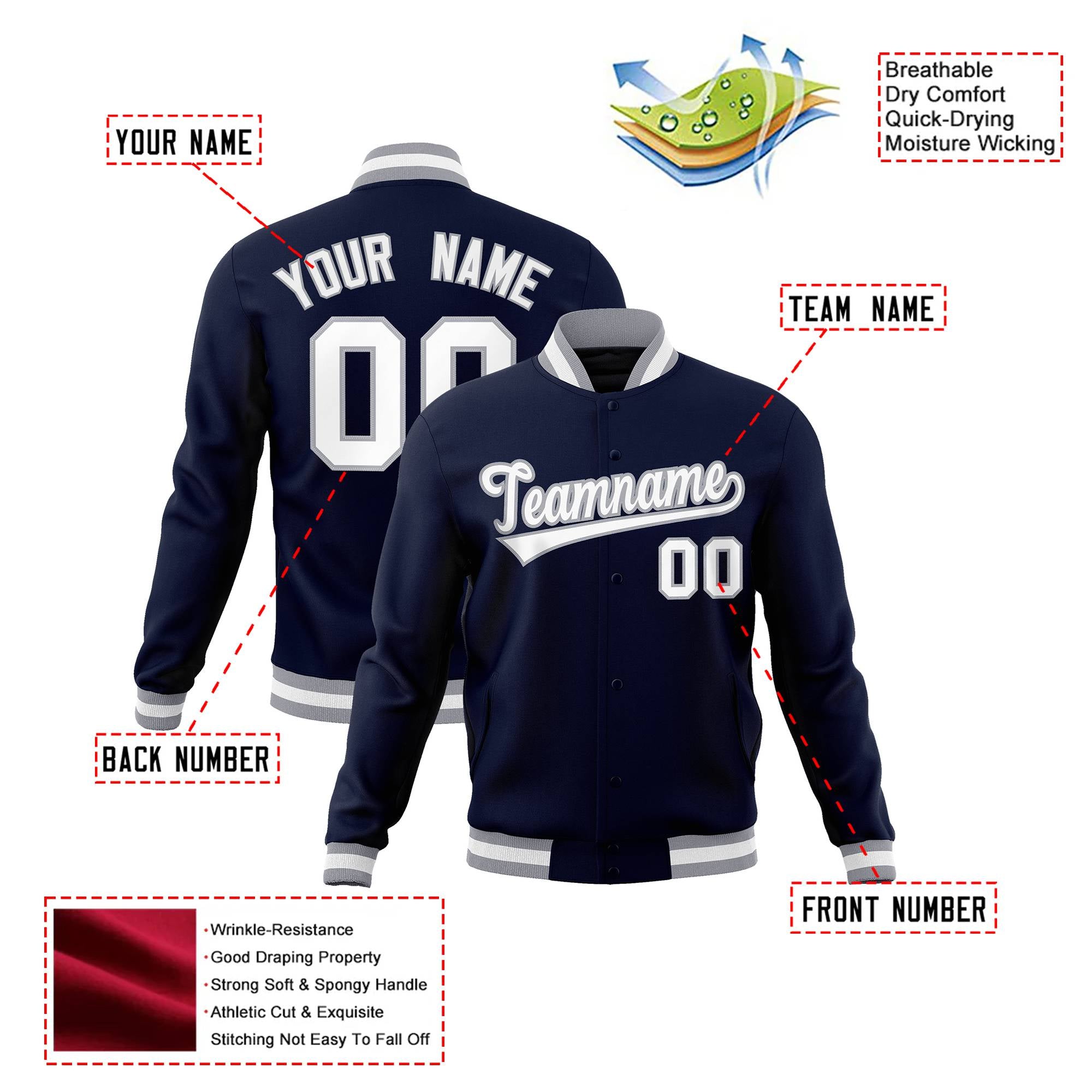 Custom Navy- White- Gray Bomber Full-Snap Varsity Letterman Jacket