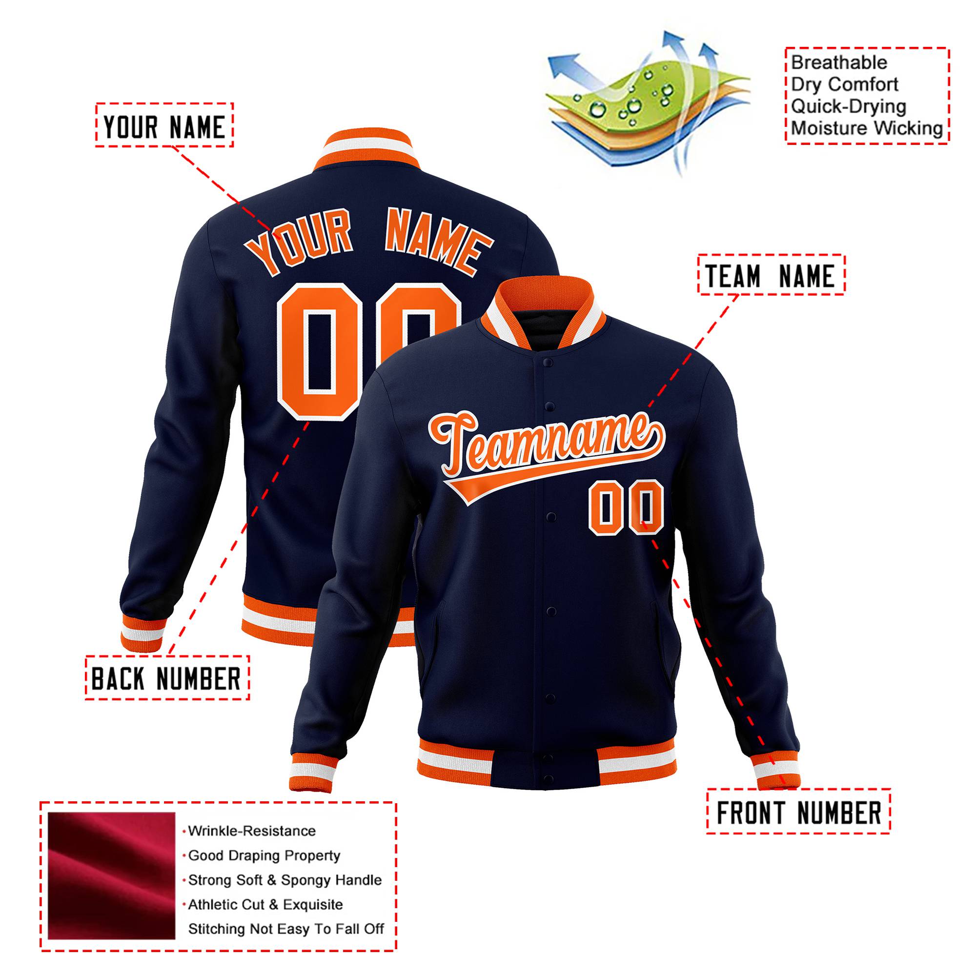 Custom Navy- Orange- White Bomber Full-Snap Varsity Letterman Jacket