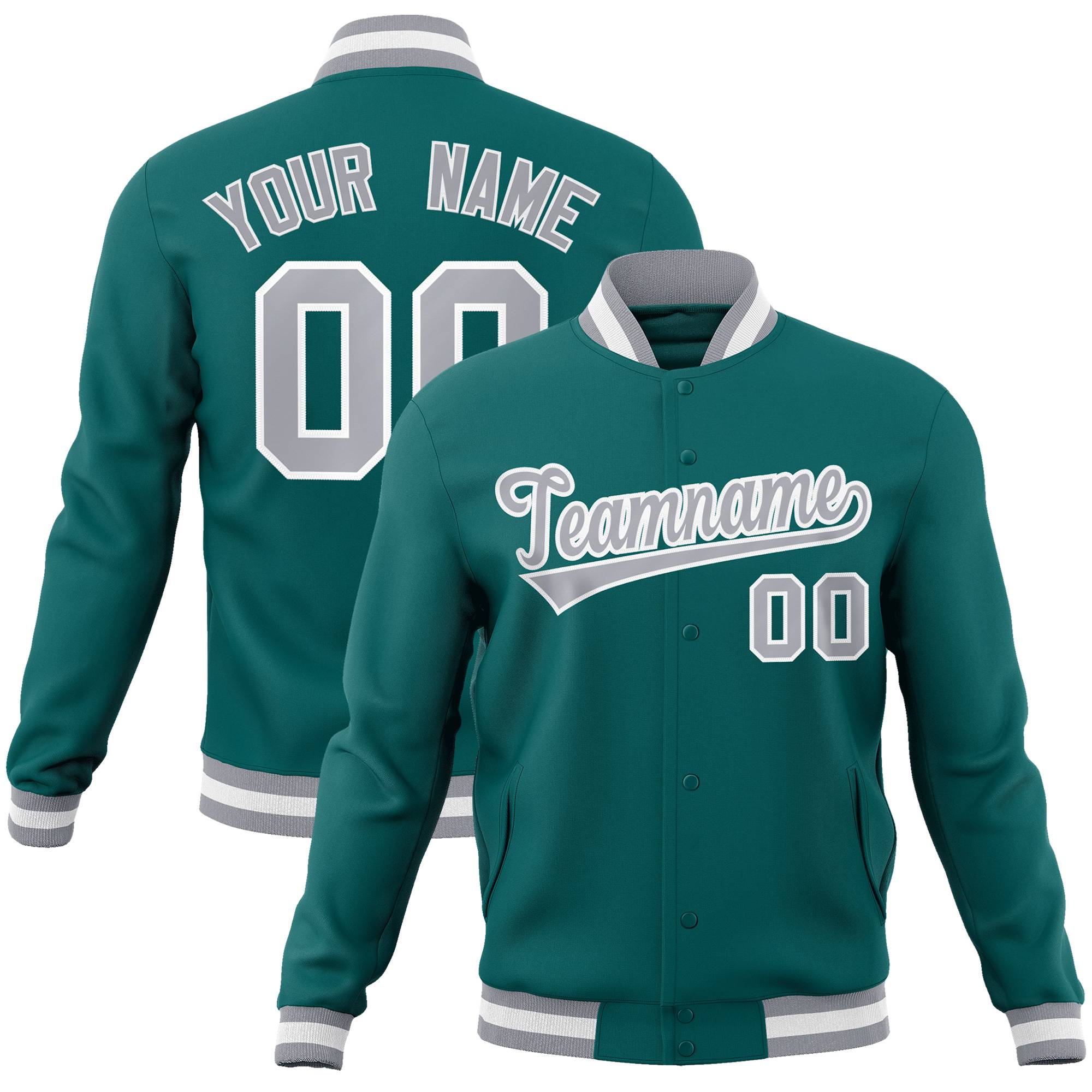 Custom Aqua- Gray- White Bomber Full-Snap Varsity Letterman Jacket