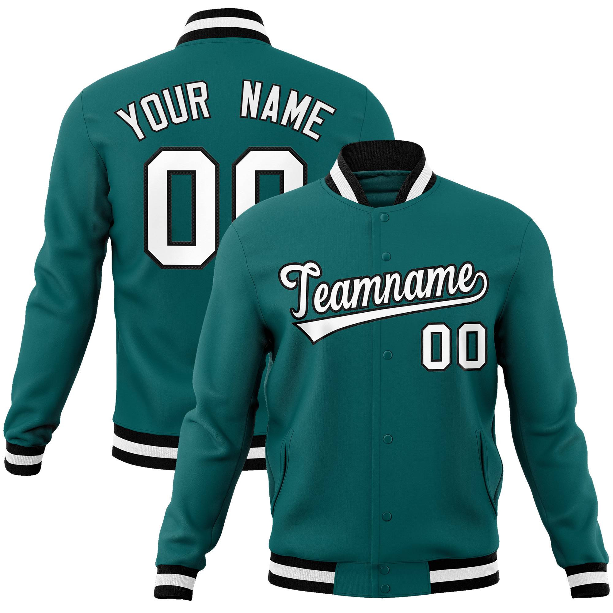 Custom Aqua-White-Black Bomber Full-Snap Varsity Letterman Jacket