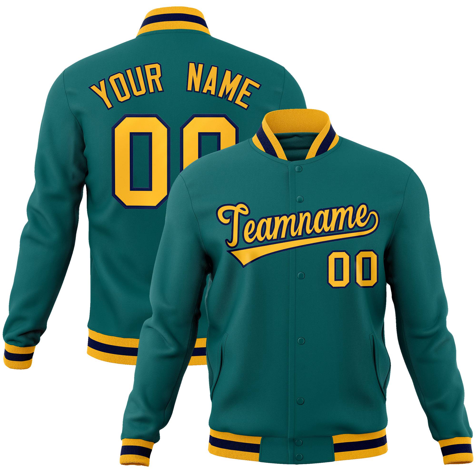 Custom Aqua- Yellow-Black Bomber Full-Snap Varsity Letterman Jacket