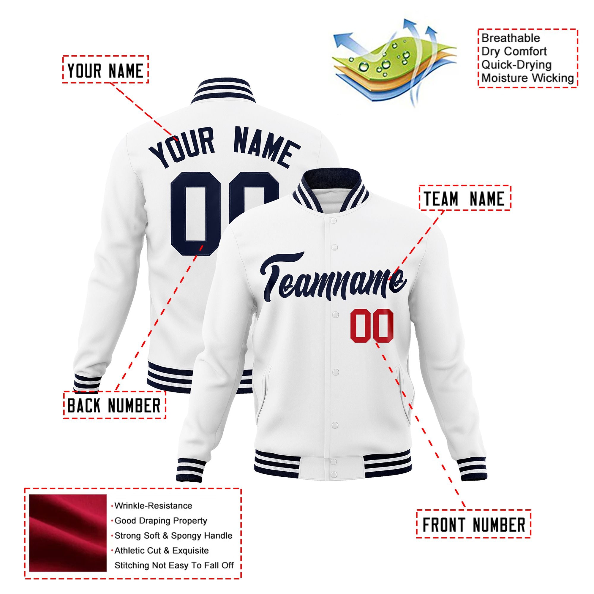 Custom White Navy Red Bomber Full-Snap Varsity Letterman Jacket