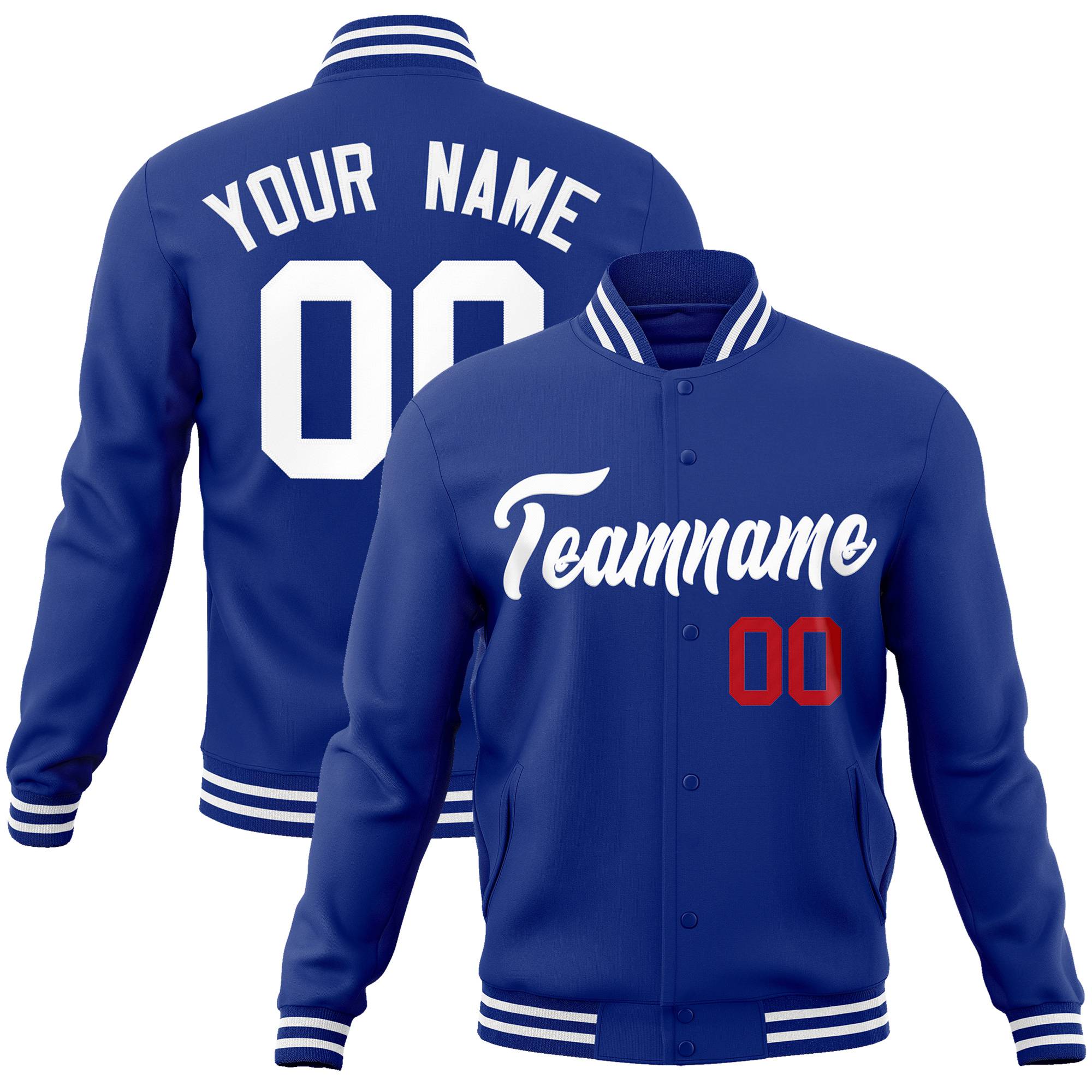 Custom Navy Blue White Red Bomber Full-Snap Varsity Letterman Jacket