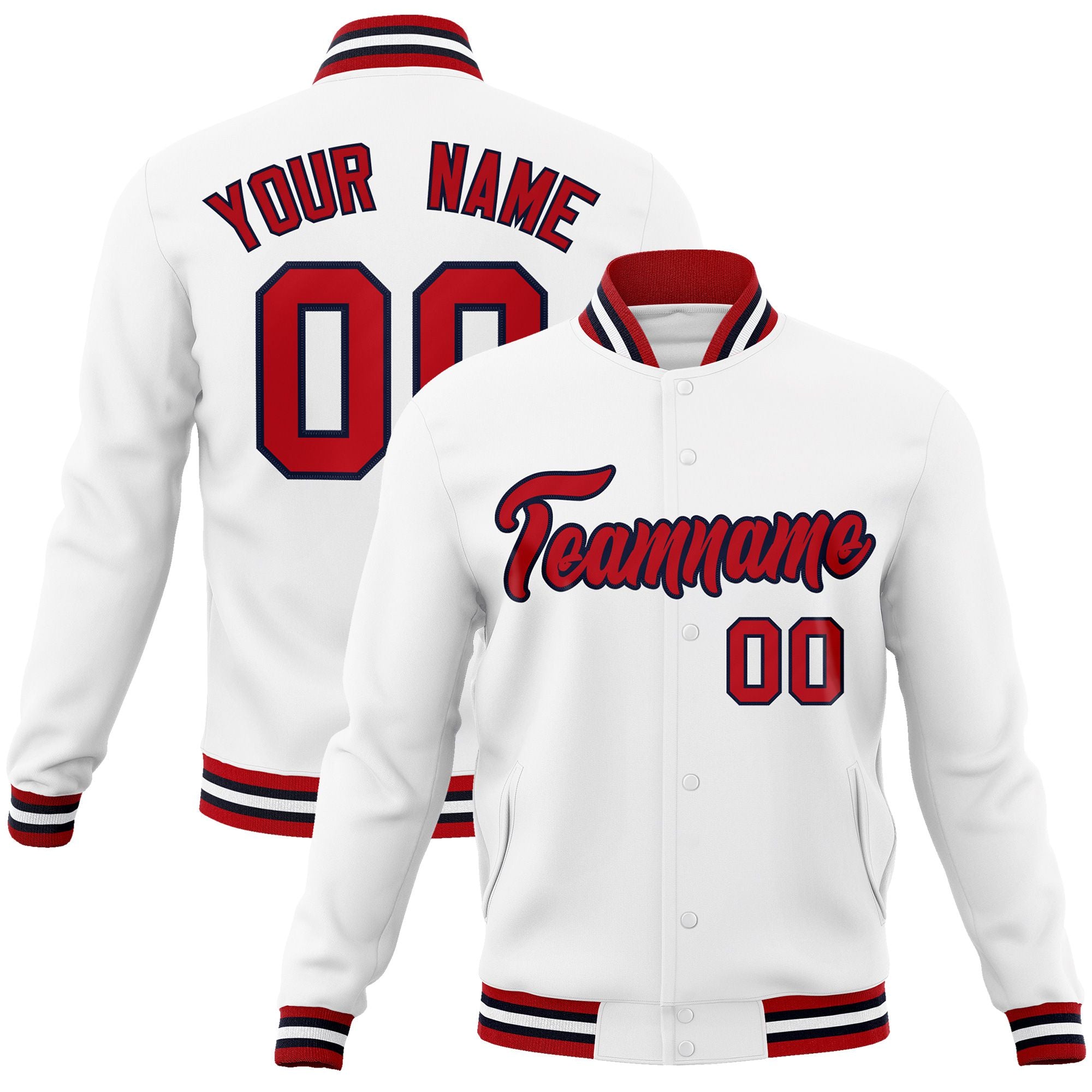 Custom White Red Black Bomber Full-Snap Varsity Letterman Jacket