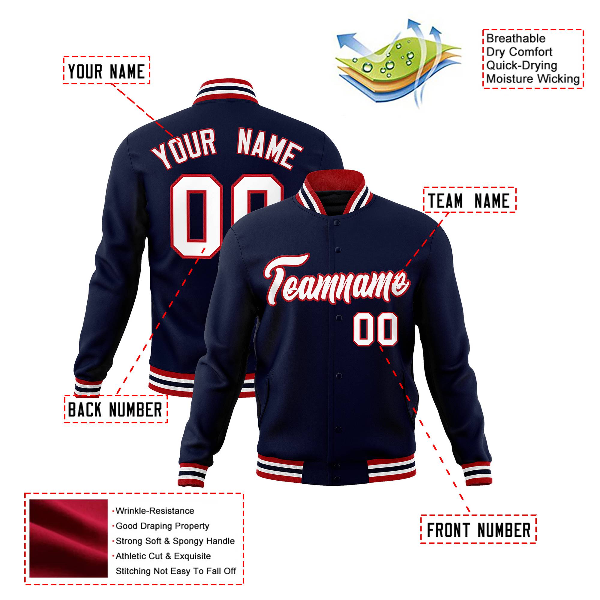 Custom Navy White Red Bomber Full-Snap Varsity Letterman Jacket