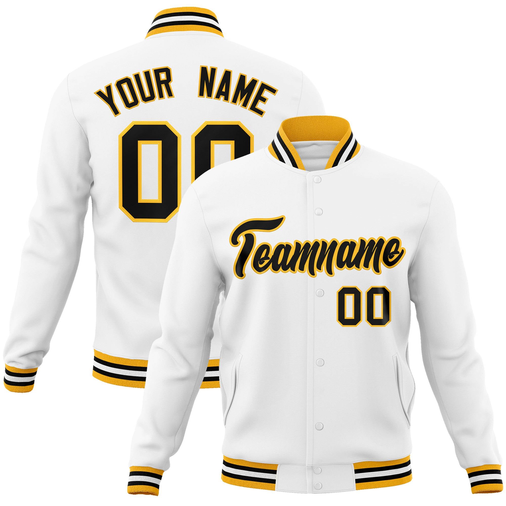 Custom White Black Gold Bomber Full-Snap Varsity Letterman Jacket