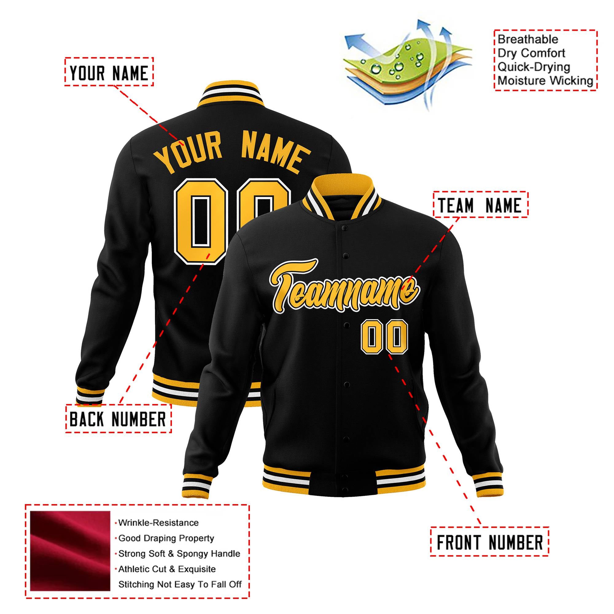 Custom Black Yellow White Bomber Full-Snap Varsity Letterman Jacket