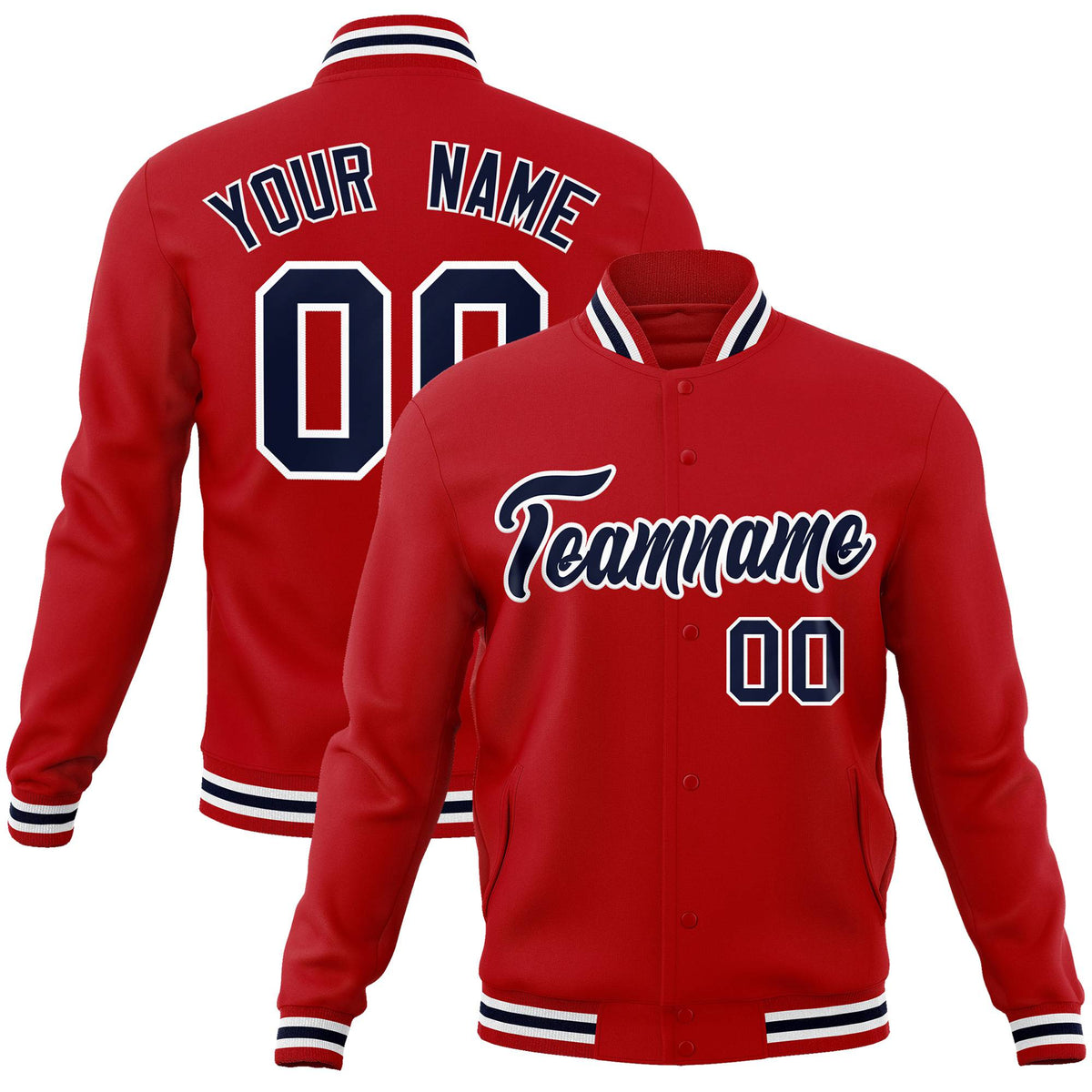 Custom Royal Red Navy White Bomber Full-Snap Varsity Letterman Jacket